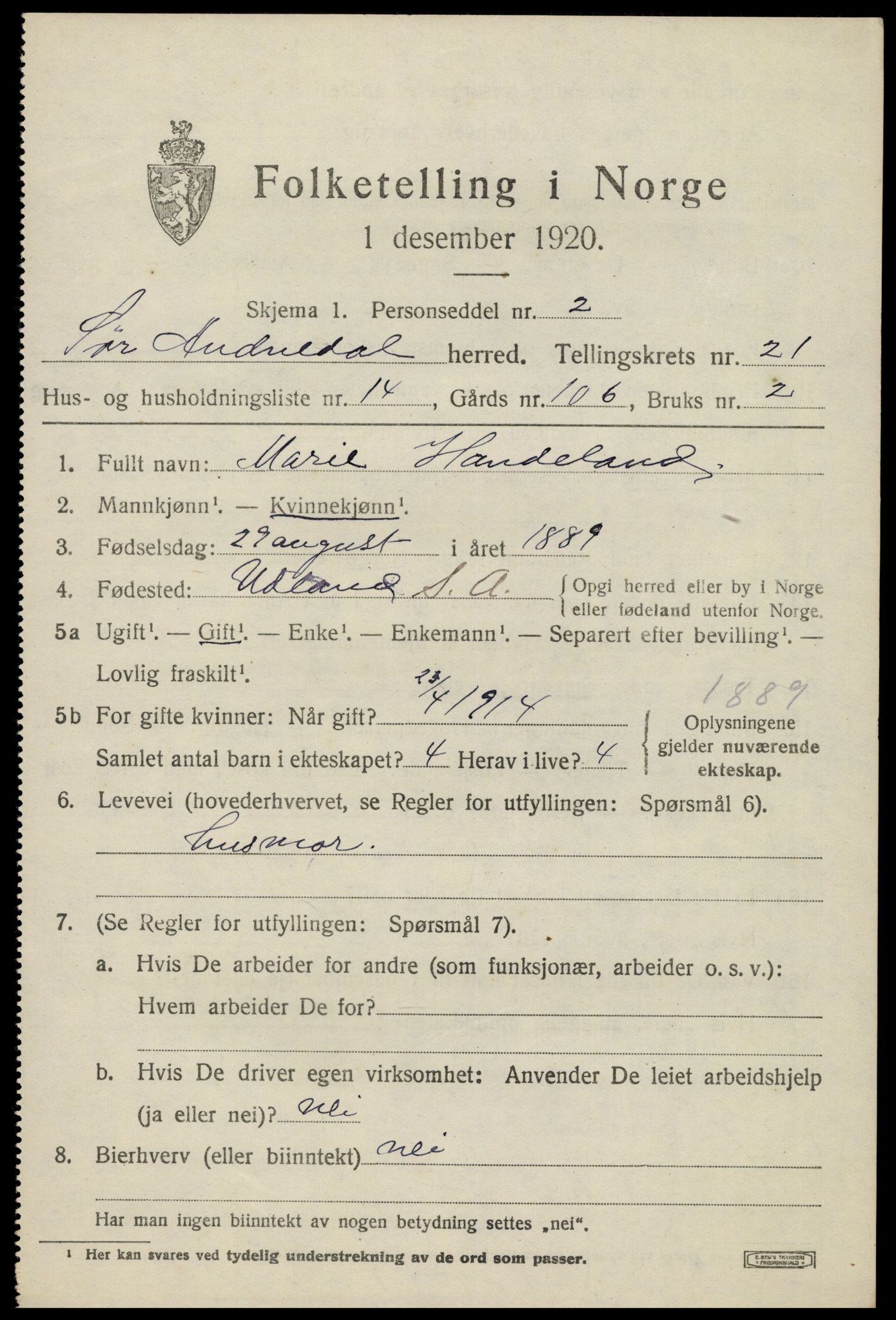 SAK, 1920 census for Sør-Audnedal, 1920, p. 7013