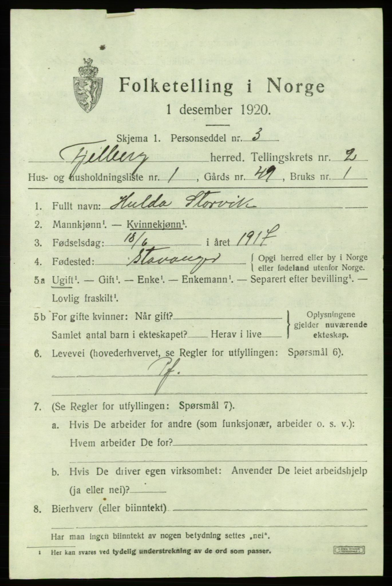 SAB, 1920 census for Fjelberg, 1920, p. 897