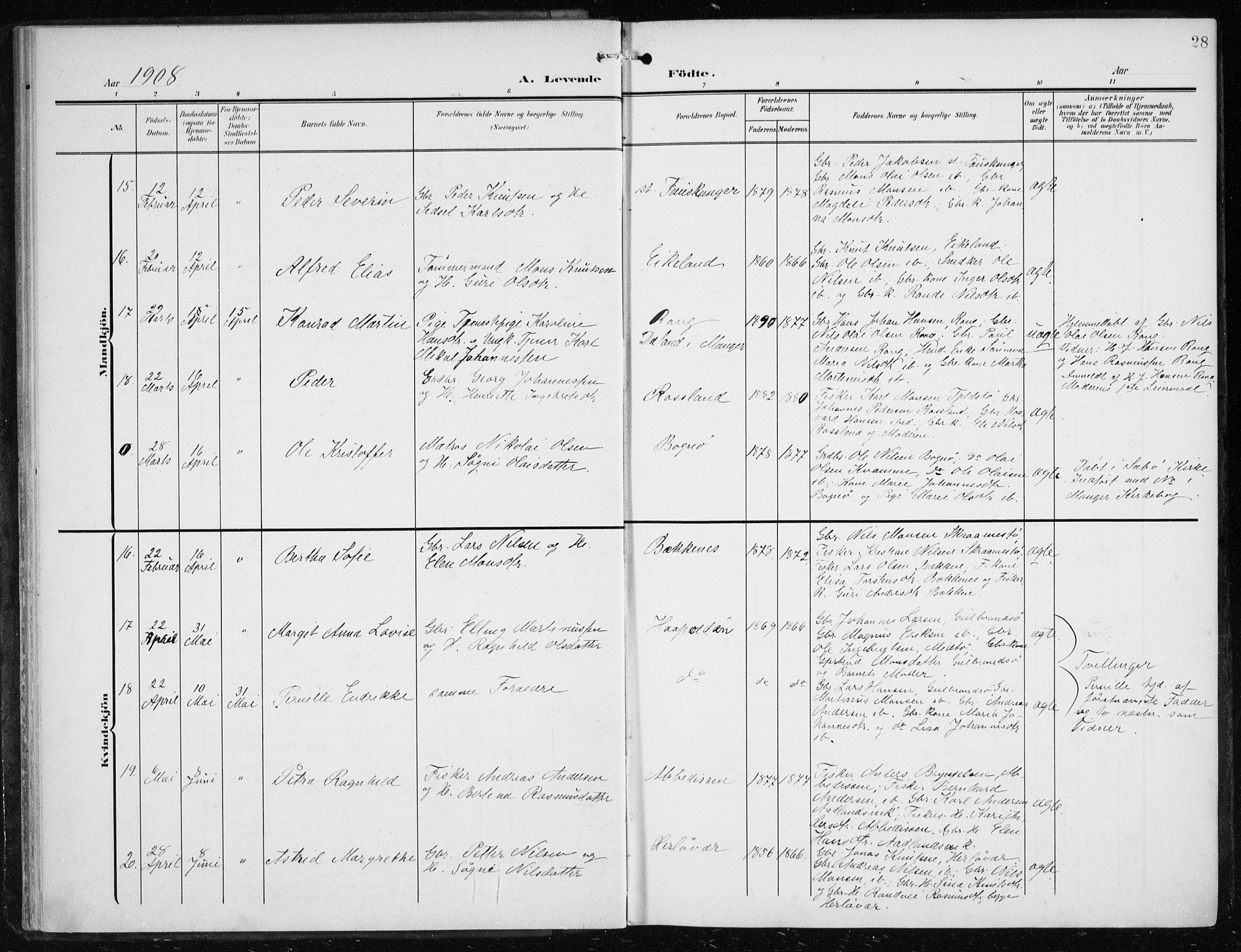 Herdla Sokneprestembete, AV/SAB-A-75701/H/Haa: Parish register (official) no. A 5, 1905-1918, p. 28