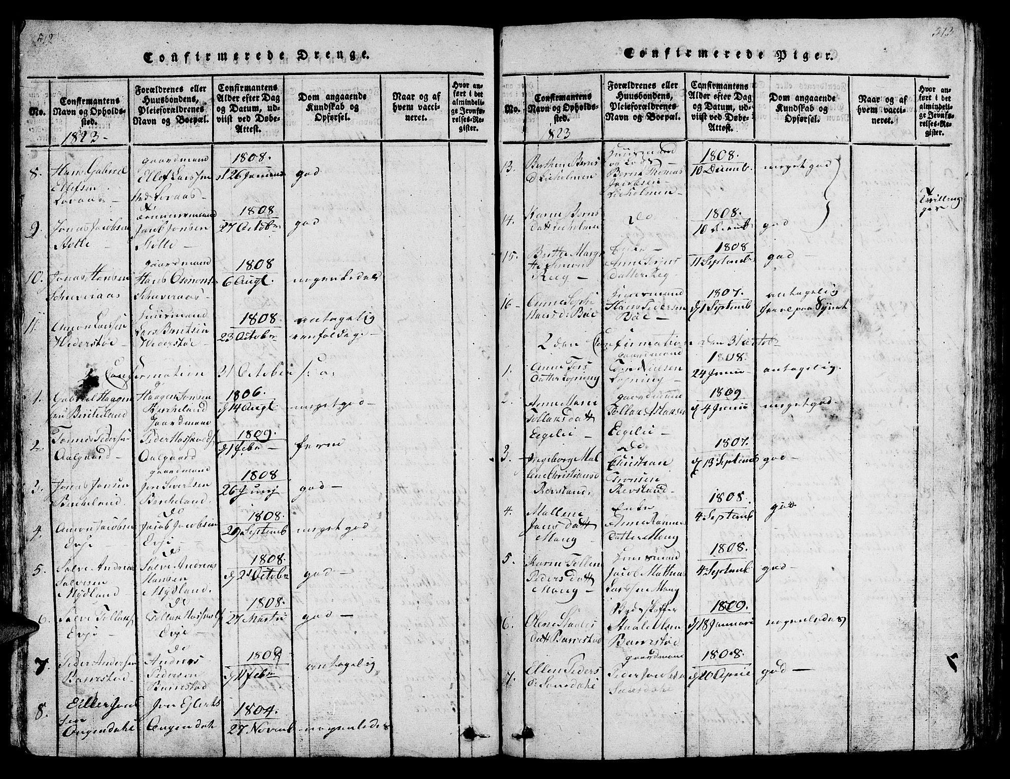 Sokndal sokneprestkontor, AV/SAST-A-101808: Parish register (copy) no. B 1, 1815-1848, p. 512-513