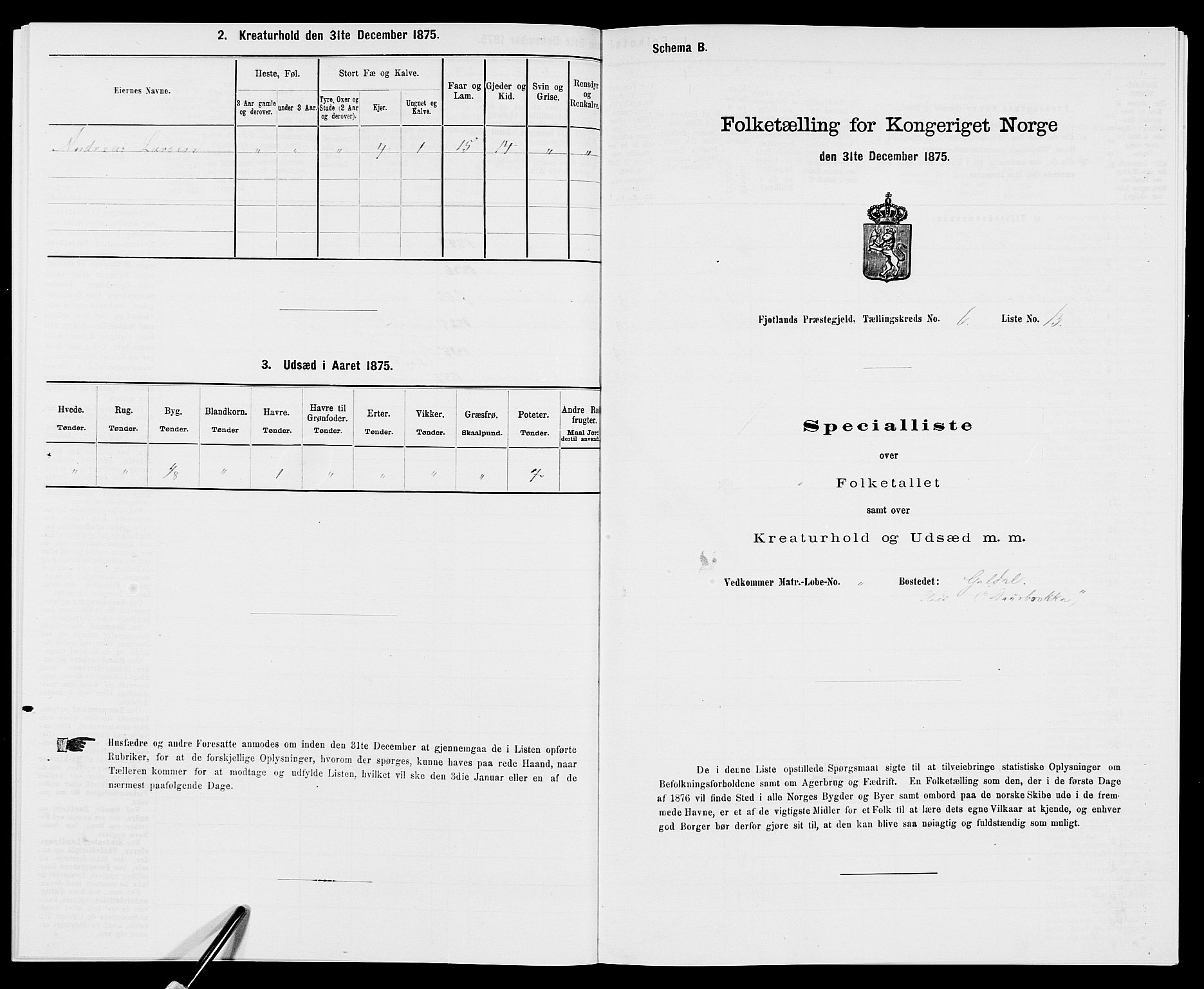 SAK, 1875 census for 1036P Fjotland, 1875, p. 375