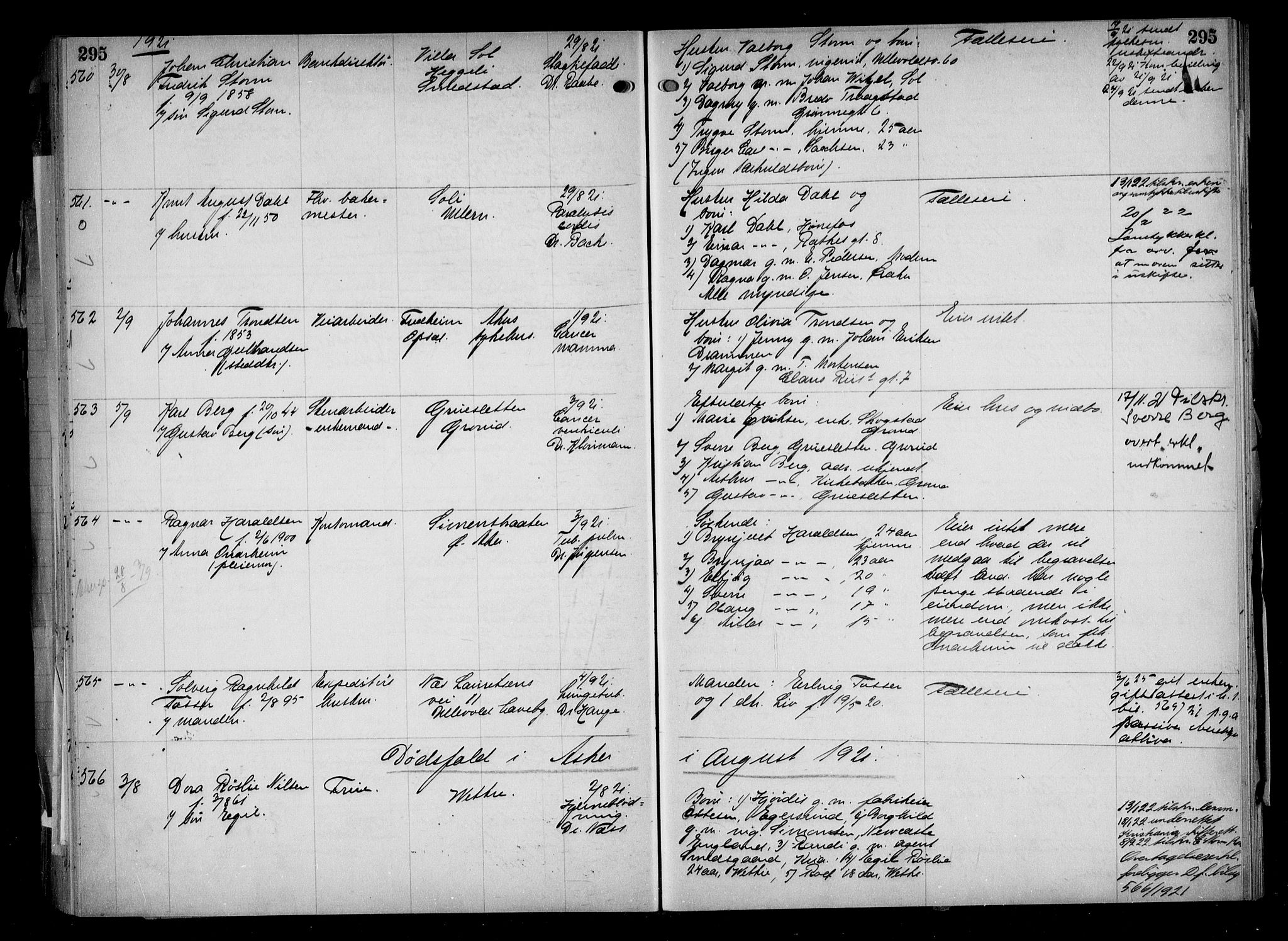 Aker kriminaldommer, skifte- og auksjonsforvalterembete, AV/SAO-A-10452/H/Hb/Hba/Hbaa/L0005: Dødsfallsprotokoll, 1918-1922, p. 295