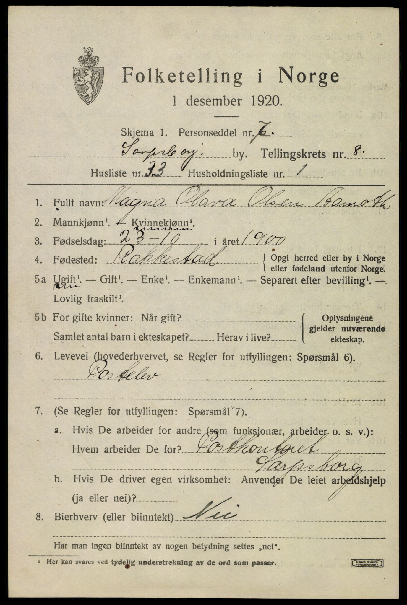 SAO, 1920 census for Sarpsborg, 1920, p. 17812