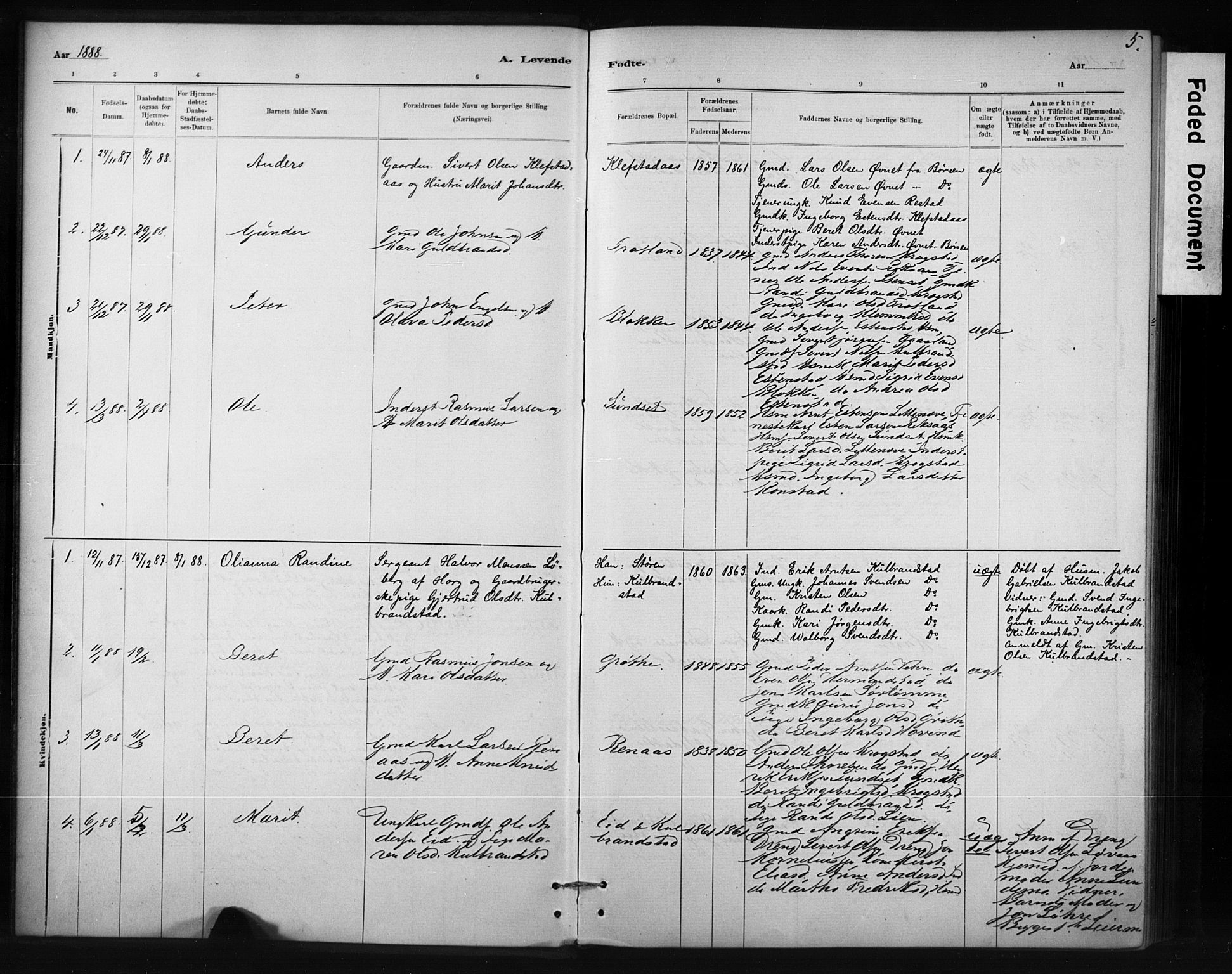Ministerialprotokoller, klokkerbøker og fødselsregistre - Sør-Trøndelag, SAT/A-1456/694/L1127: Parish register (official) no. 694A01, 1887-1905, p. 5