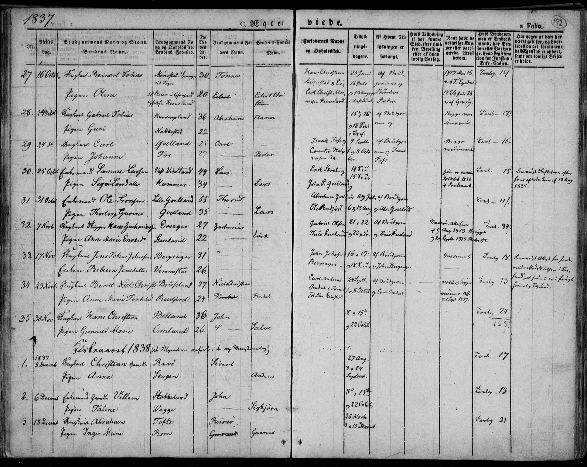 Lyngdal sokneprestkontor, AV/SAK-1111-0029/F/Fa/Fac/L0007: Parish register (official) no. A 7, 1825-1838, p. 192