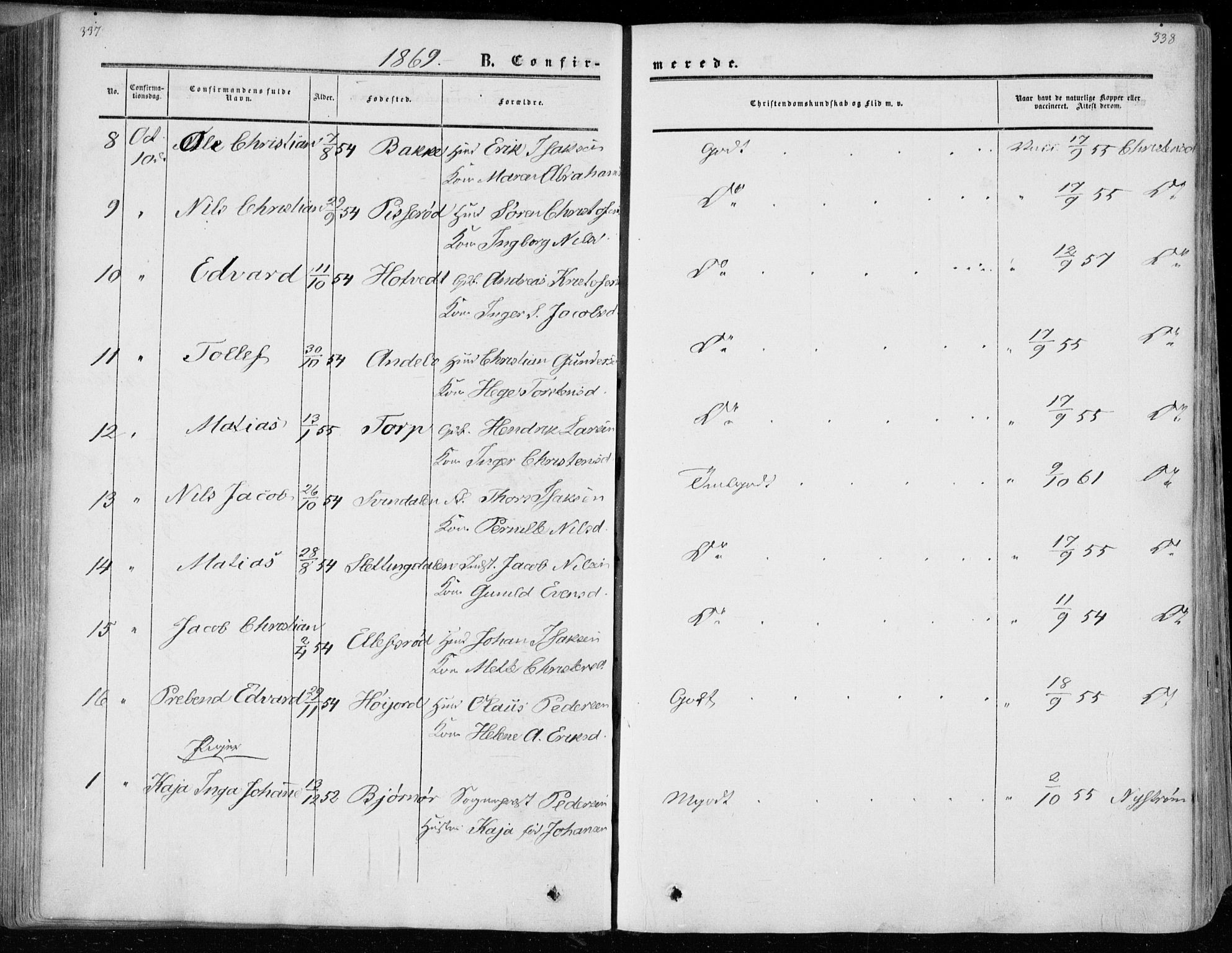 Andebu kirkebøker, AV/SAKO-A-336/F/Fa/L0005: Parish register (official) no. 5, 1857-1870, p. 337-338