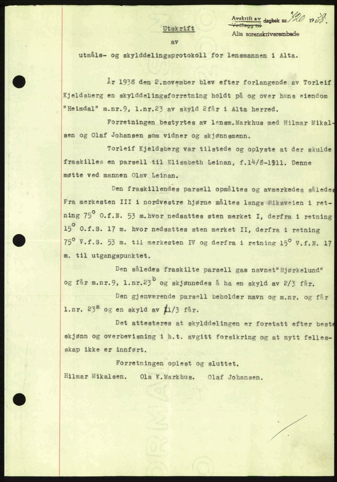 Alta fogderi/sorenskriveri, SATØ/SATØ-5/1/K/Kd/L0031pantebok: Mortgage book no. 31, 1938-1939, Diary no: : 720/1938