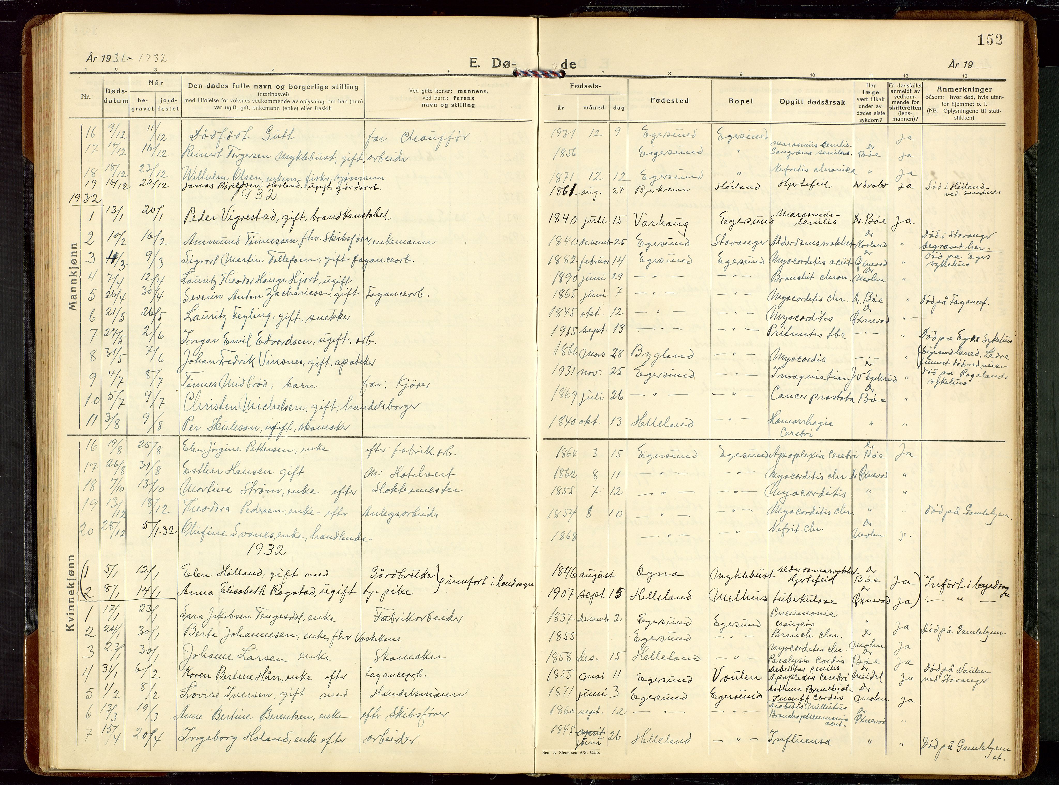 Eigersund sokneprestkontor, SAST/A-101807/S09/L0014: Parish register (copy) no. B 14, 1931-1949, p. 152
