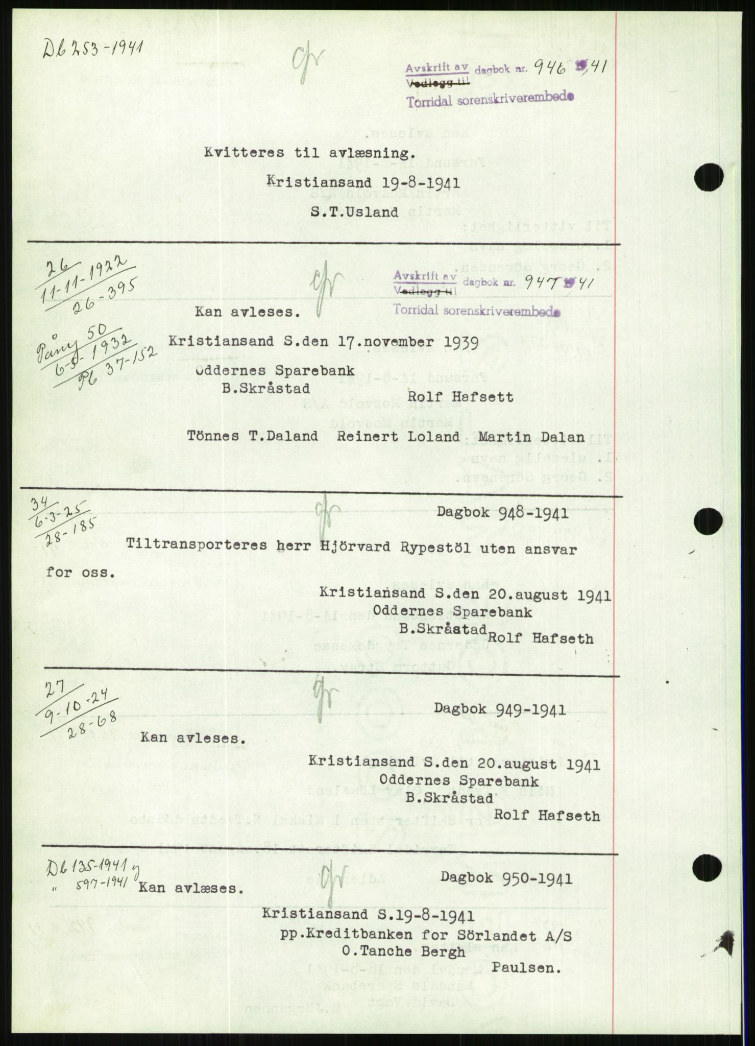 Torridal sorenskriveri, AV/SAK-1221-0012/G/Gb/Gbb/L0008: Mortgage book no. 52b, 1940-1942, Diary no: : 937/1941