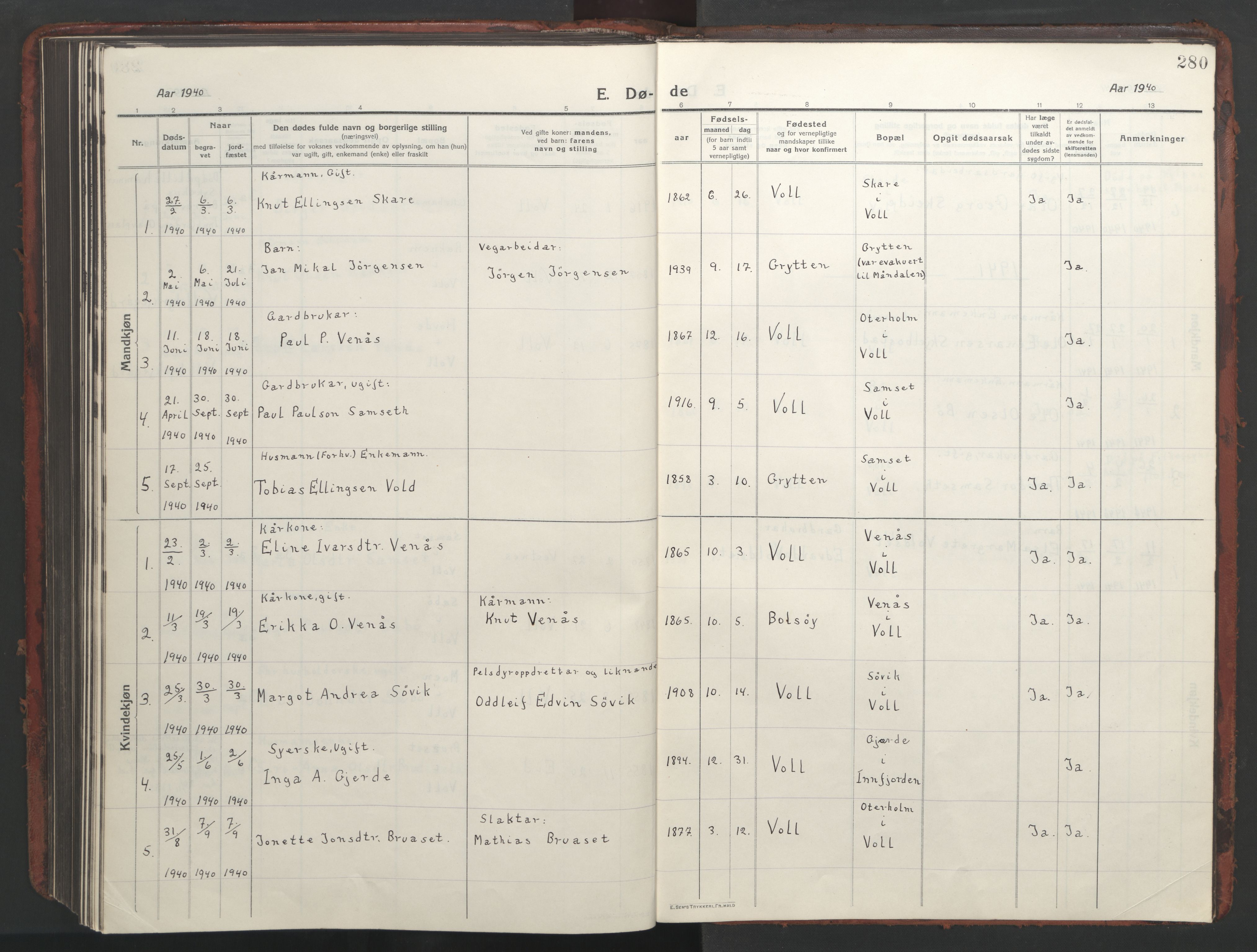 Ministerialprotokoller, klokkerbøker og fødselsregistre - Møre og Romsdal, AV/SAT-A-1454/543/L0565: Parish register (copy) no. 543C03, 1916-1955, p. 280