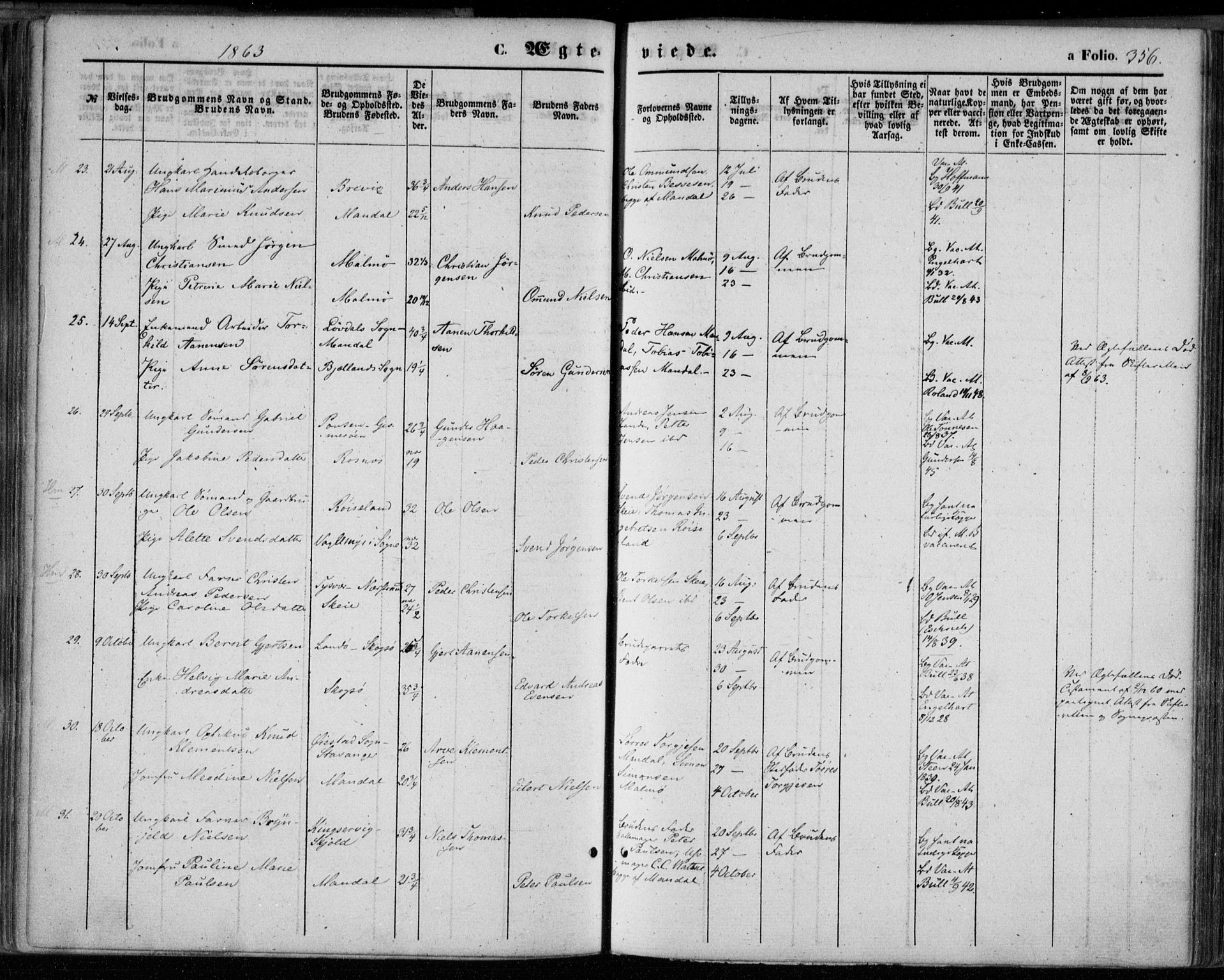 Mandal sokneprestkontor, AV/SAK-1111-0030/F/Fa/Faa/L0014: Parish register (official) no. A 14, 1859-1872, p. 356