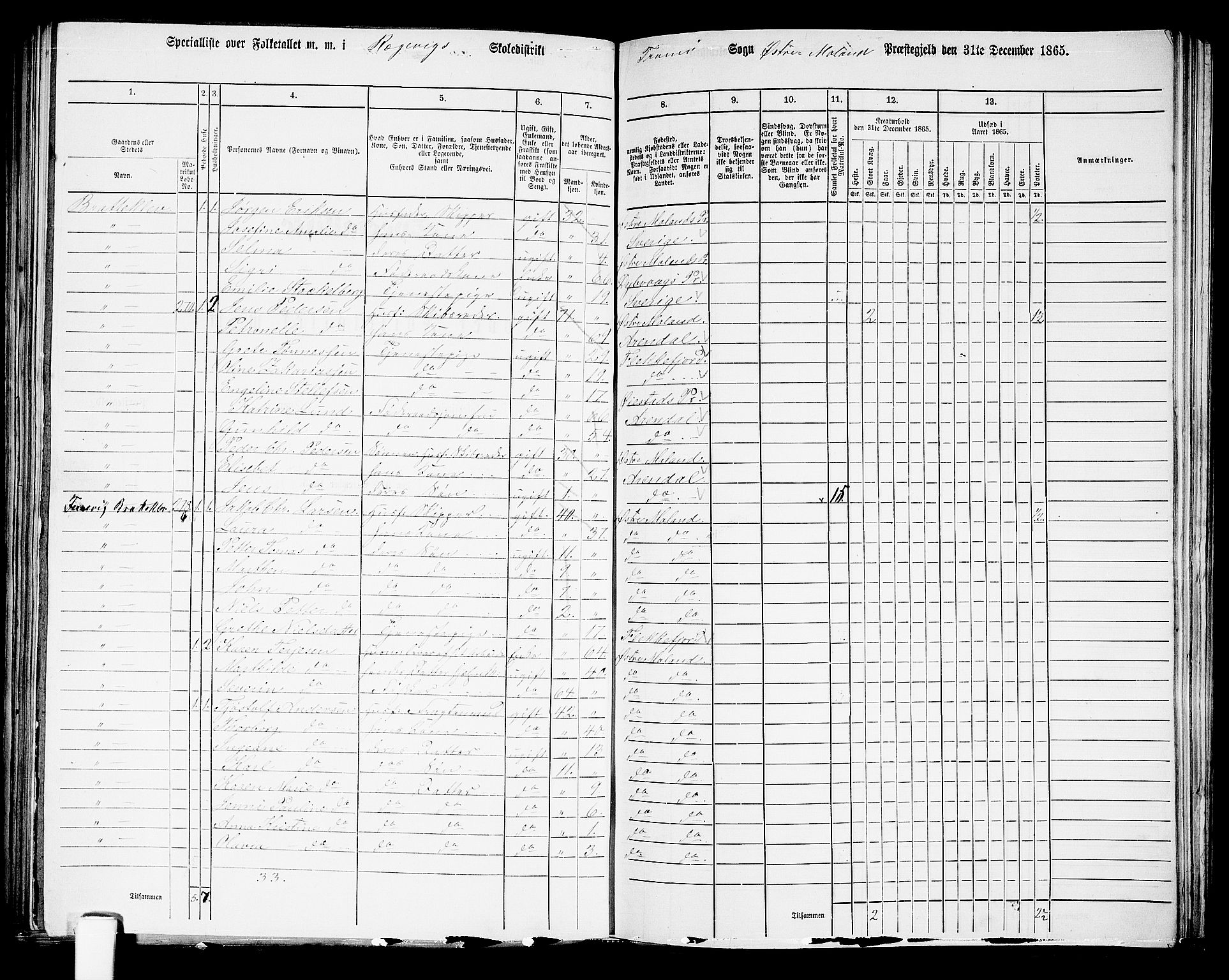 RA, 1865 census for Austre Moland, 1865, p. 232