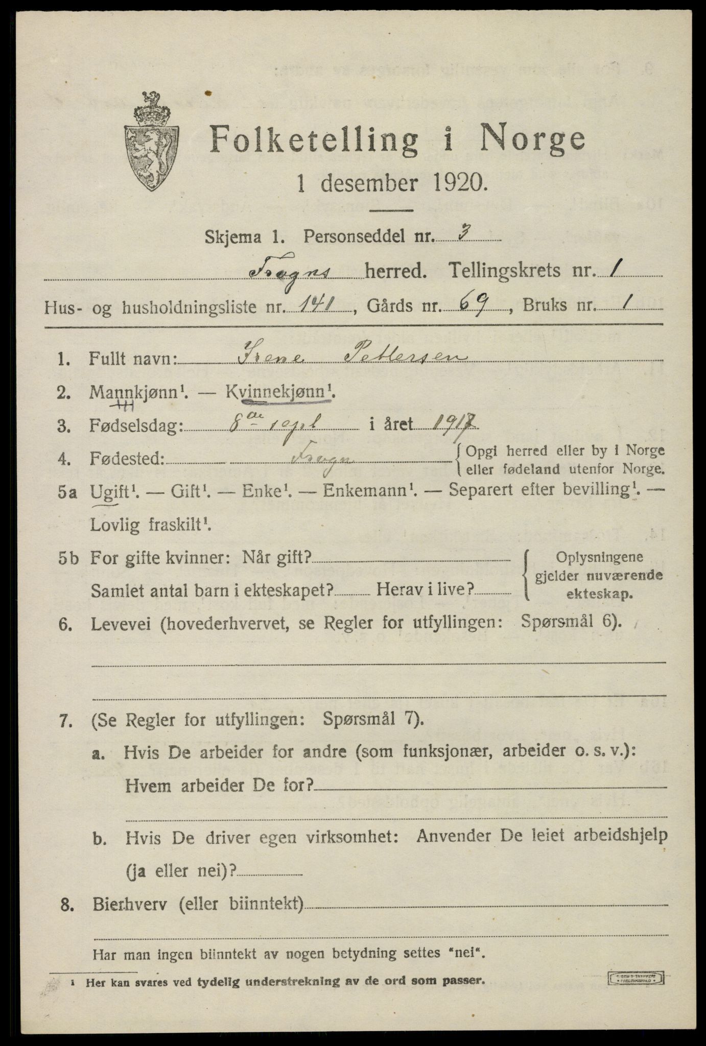 SAO, 1920 census for Frogn, 1920, p. 2853