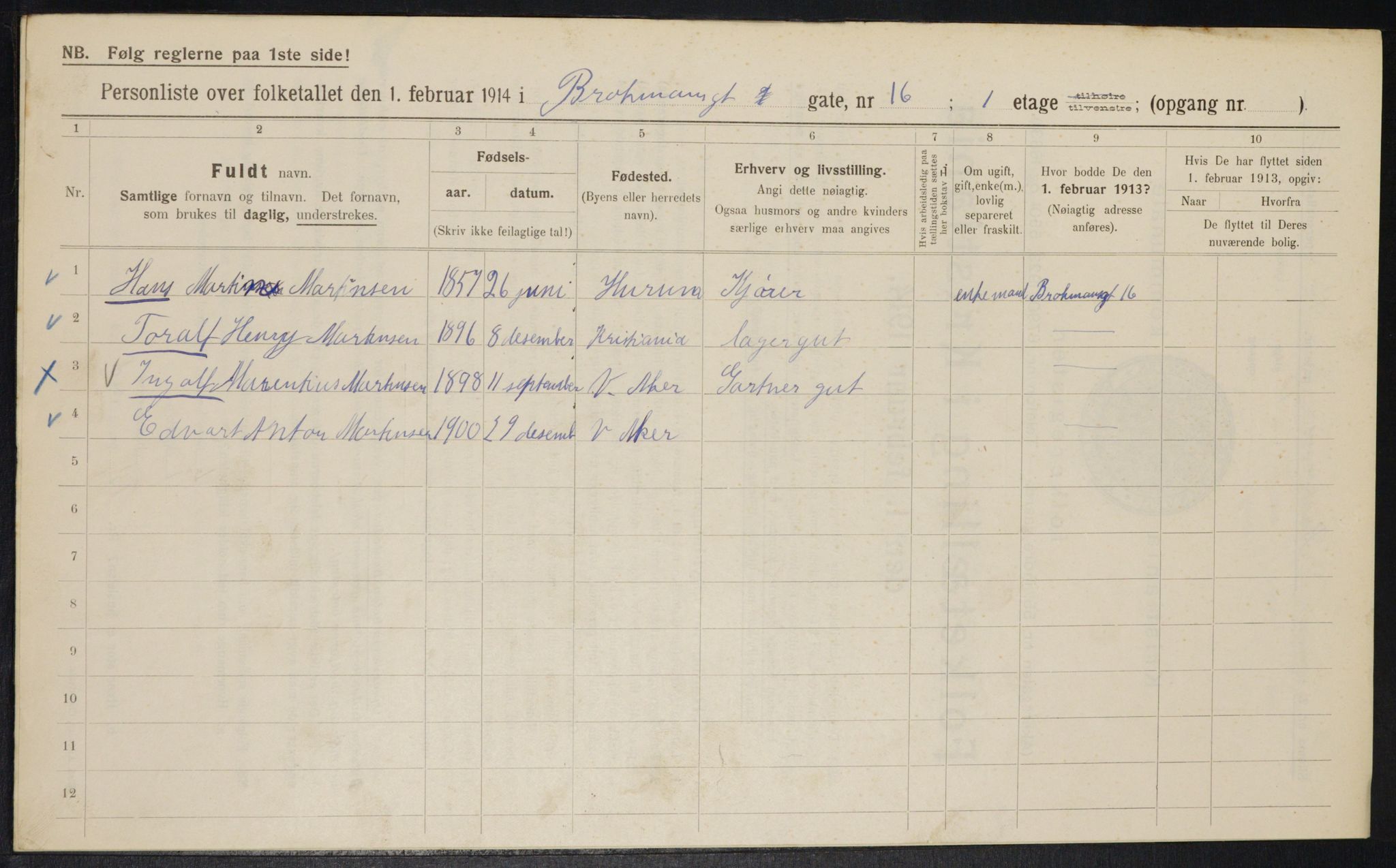 OBA, Municipal Census 1914 for Kristiania, 1914, p. 9687