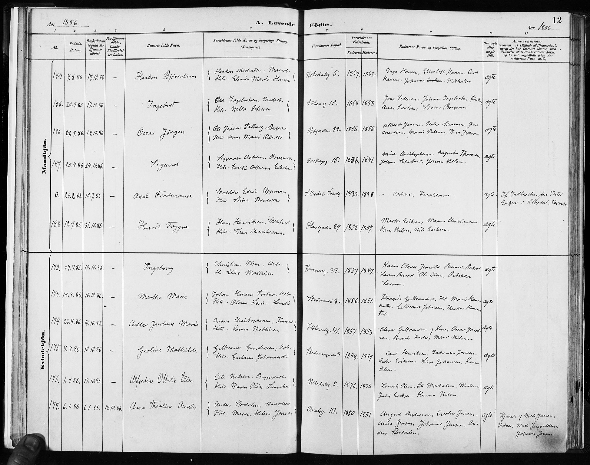 Kampen prestekontor Kirkebøker, AV/SAO-A-10853/F/Fa/L0003: Parish register (official) no. I 3, 1886-1892, p. 12