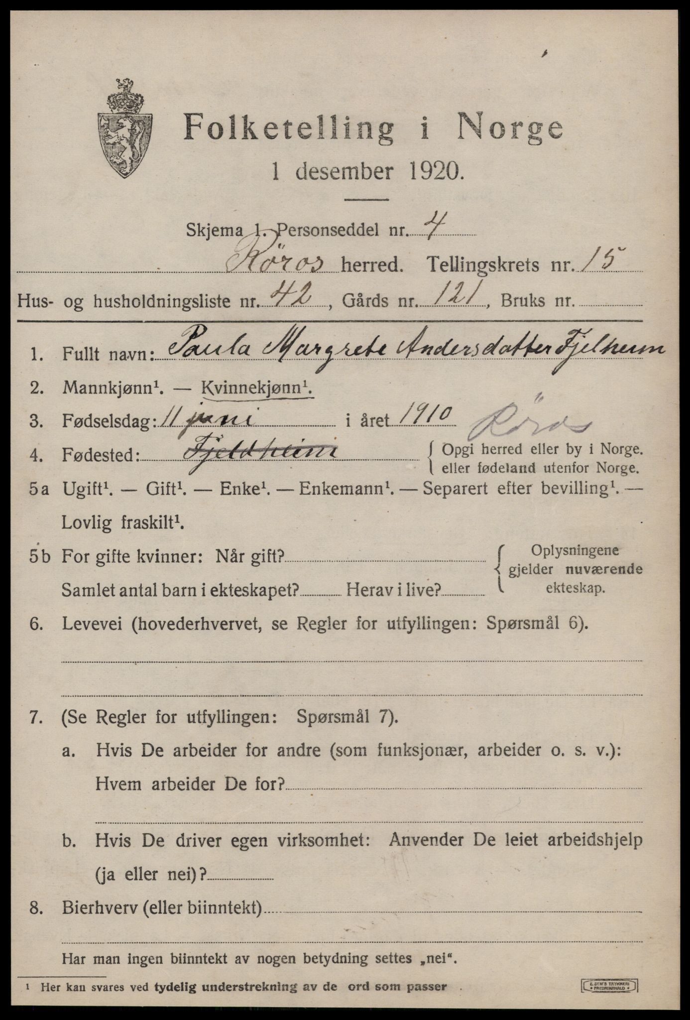 SAT, 1920 census for Røros, 1920, p. 10896