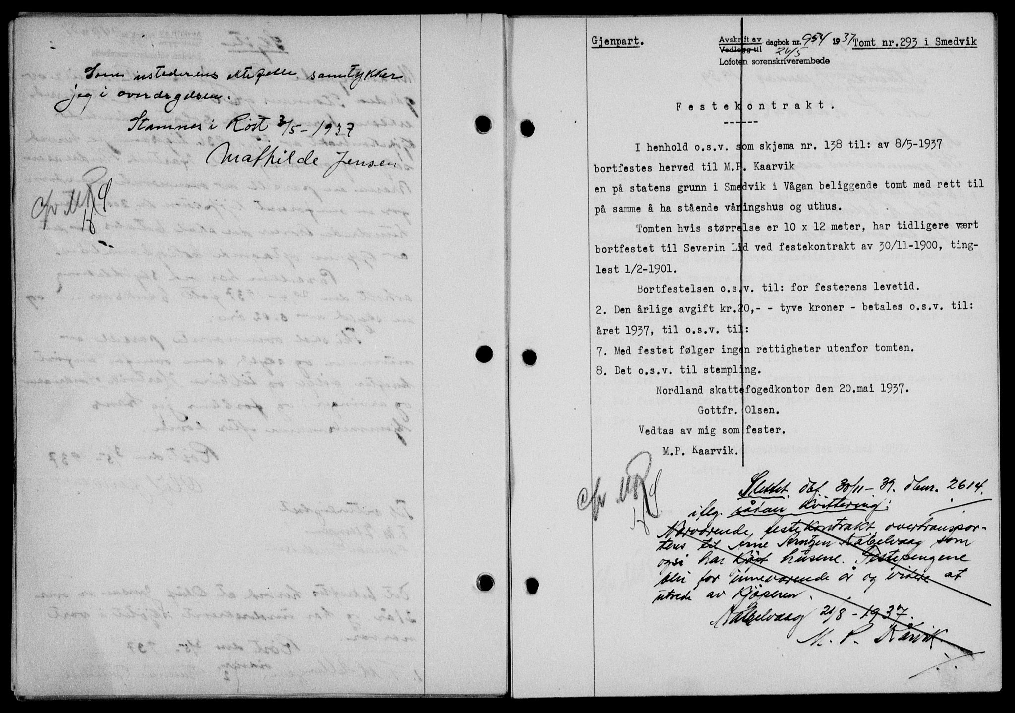 Lofoten sorenskriveri, SAT/A-0017/1/2/2C/L0002a: Mortgage book no. 2a, 1937-1937, Diary no: : 954/1937