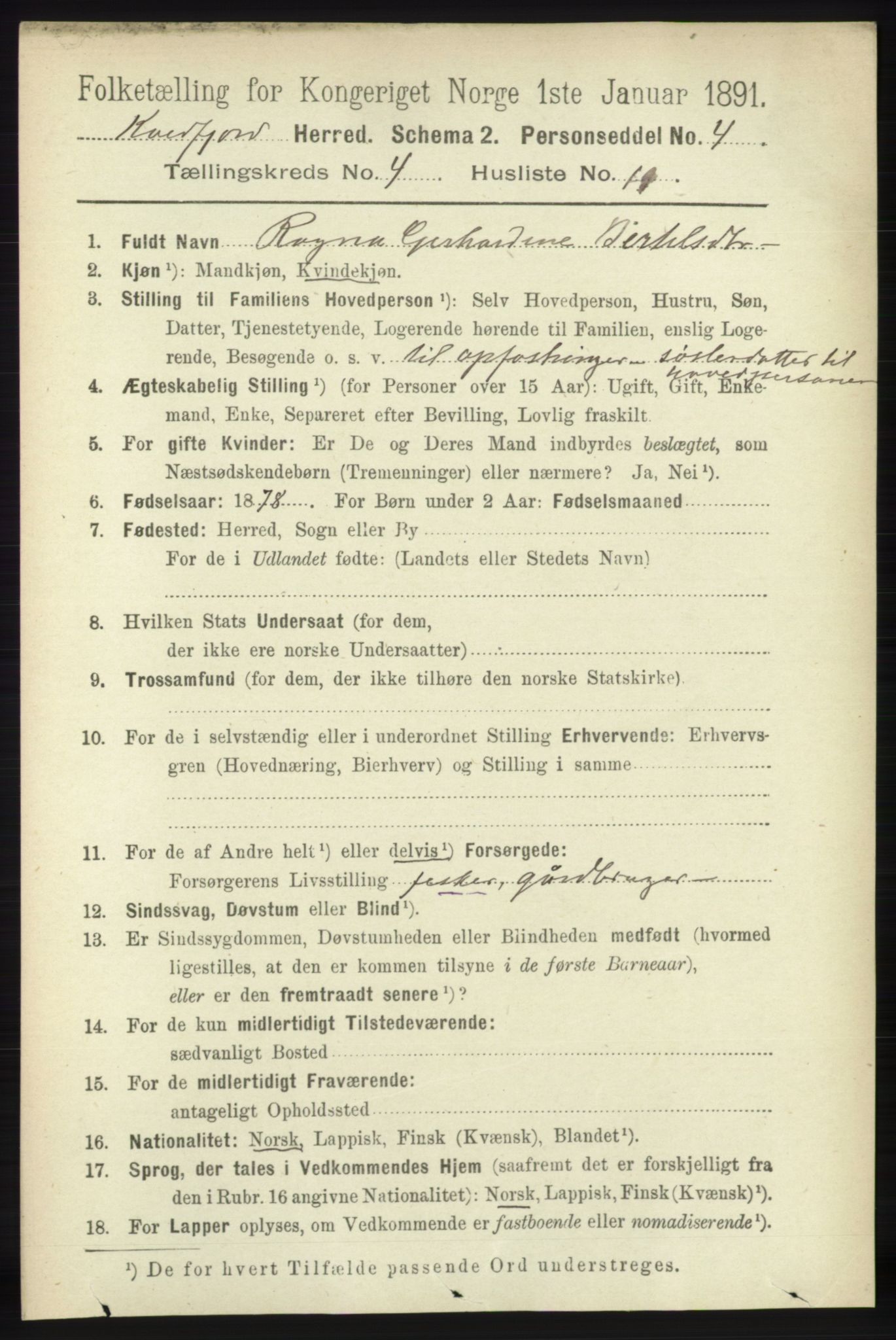 RA, 1891 census for 1911 Kvæfjord, 1891, p. 2005