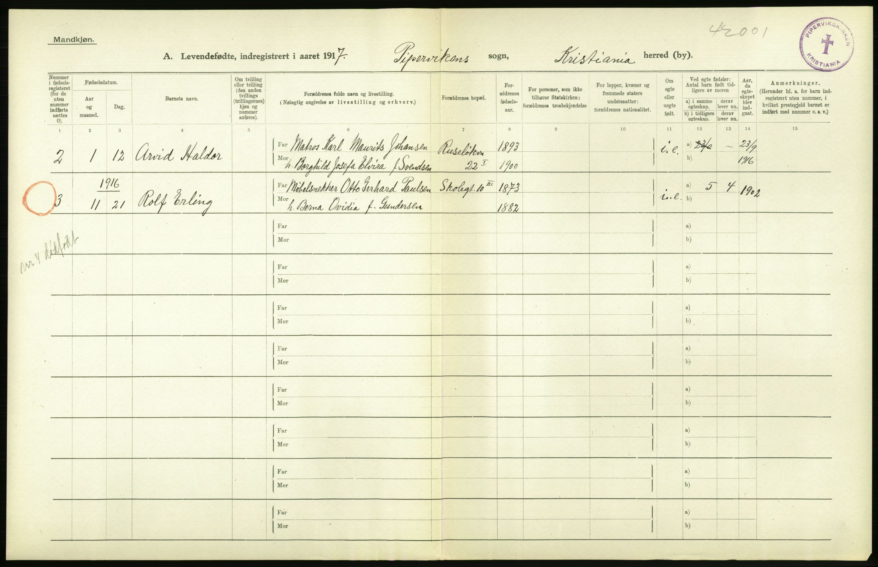 Statistisk sentralbyrå, Sosiodemografiske emner, Befolkning, AV/RA-S-2228/D/Df/Dfb/Dfbg/L0006: Kristiania: Levendefødte menn og kvinner., 1917, p. 134