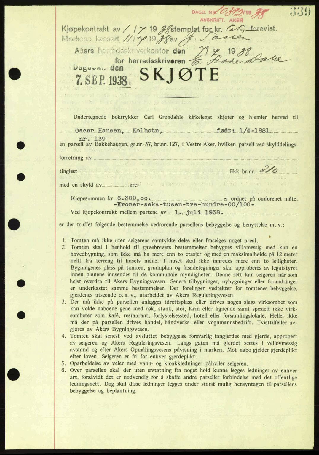 Aker herredsskriveri, SAO/A-10896/G/Gb/Gba/Gbab/L0025: Mortgage book no. A154-155, 1938-1938, Diary no: : 10392/1938