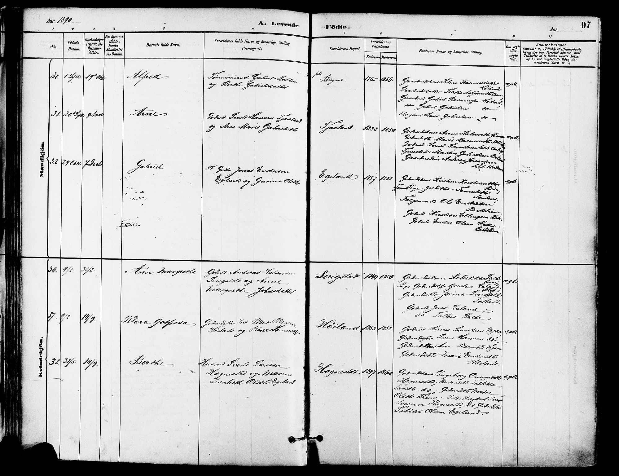 Lye sokneprestkontor, AV/SAST-A-101794/001/30BA/L0009: Parish register (official) no. A 8, 1881-1892, p. 97