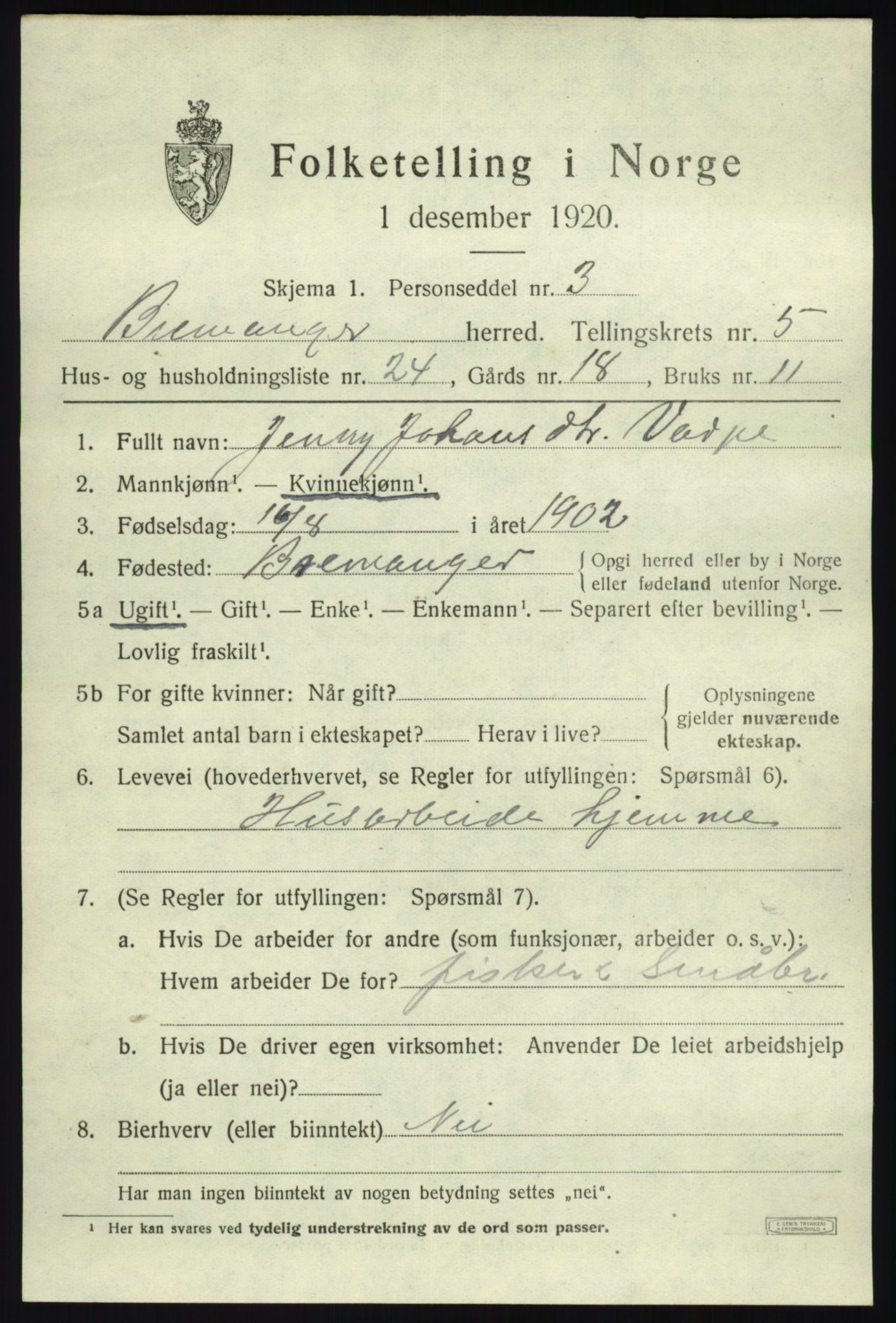 SAB, 1920 census for Bremanger, 1920, p. 3878