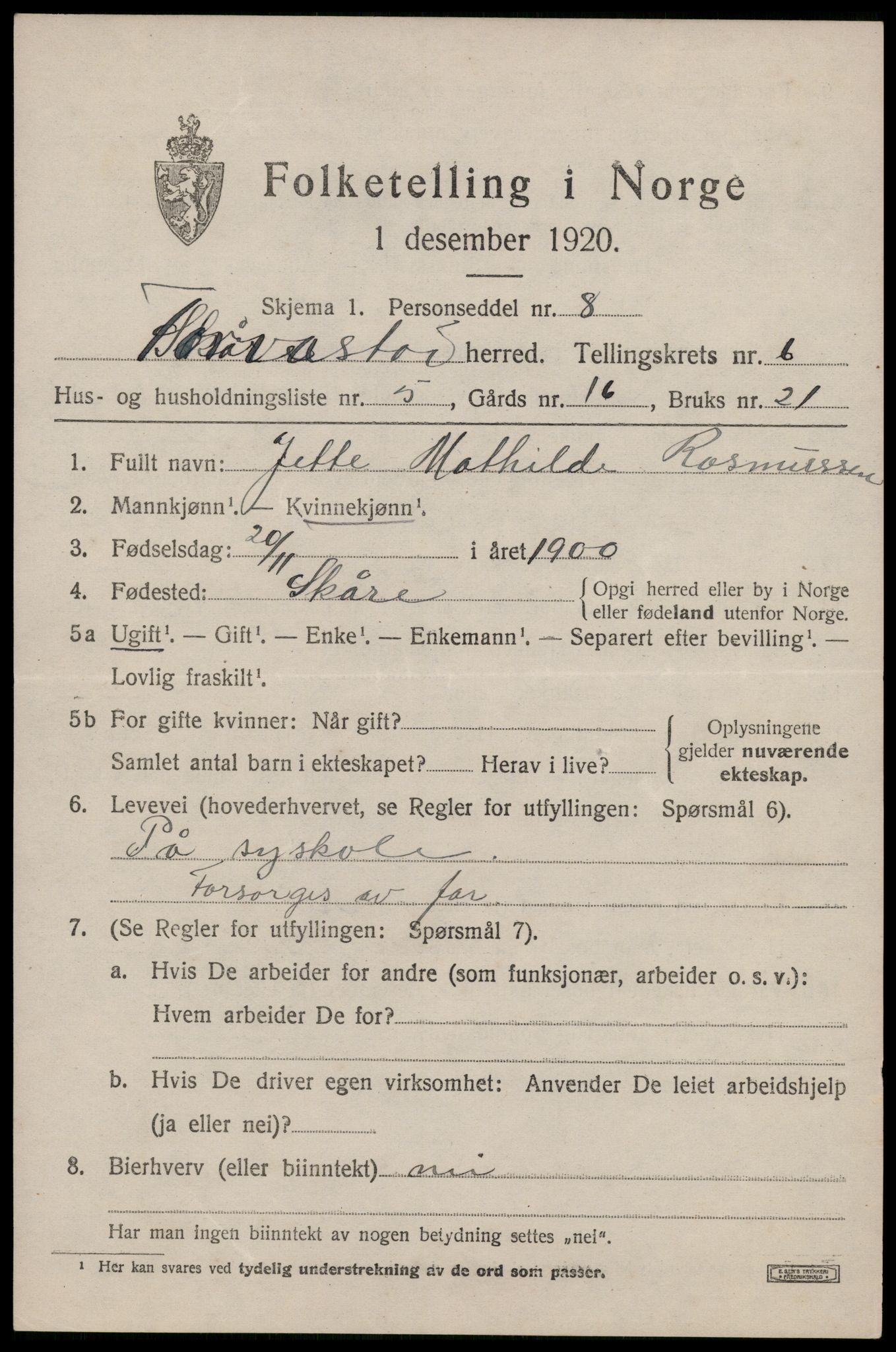 SAST, 1920 census for Torvastad, 1920, p. 4976