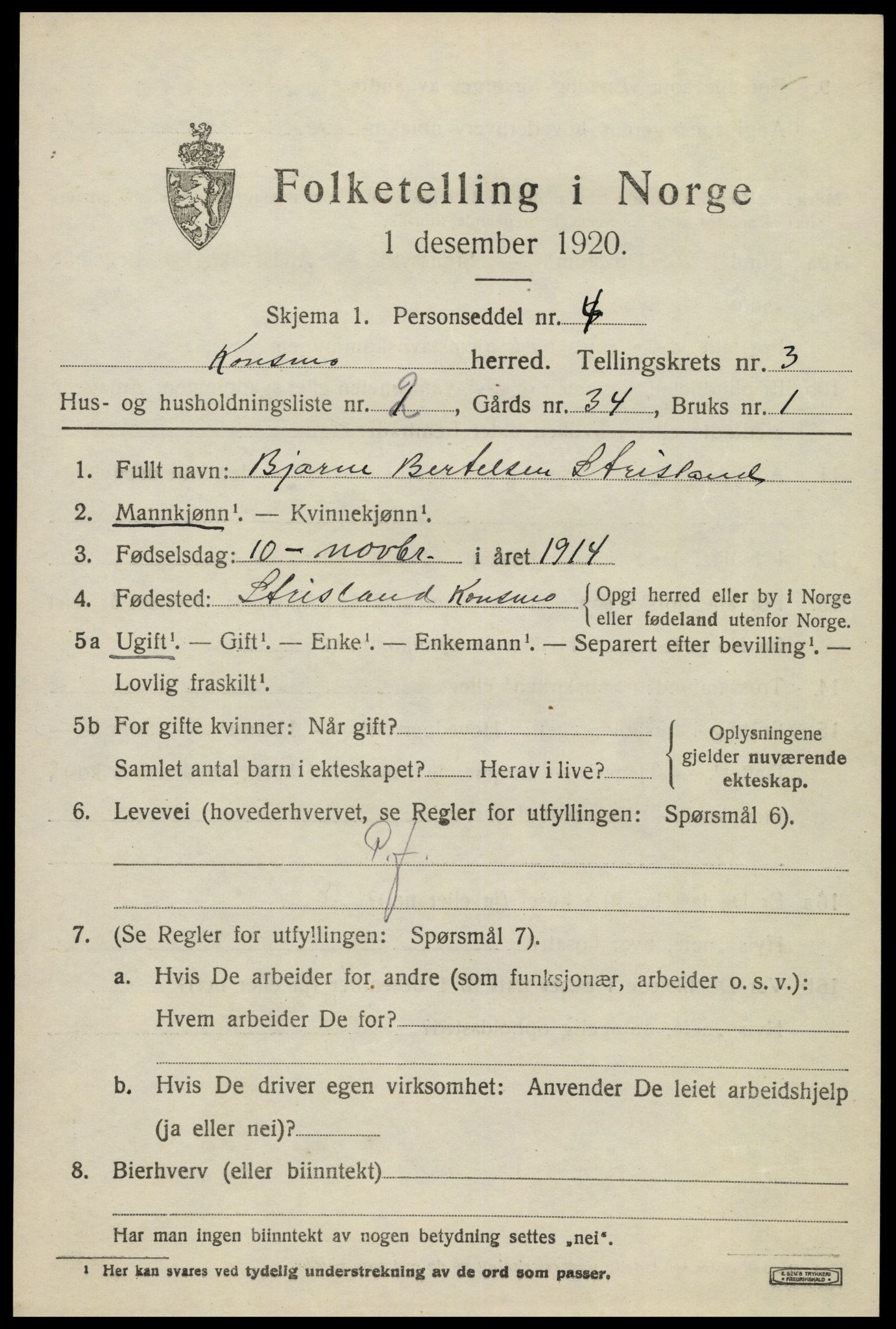 SAK, 1920 census for Konsmo, 1920, p. 1138