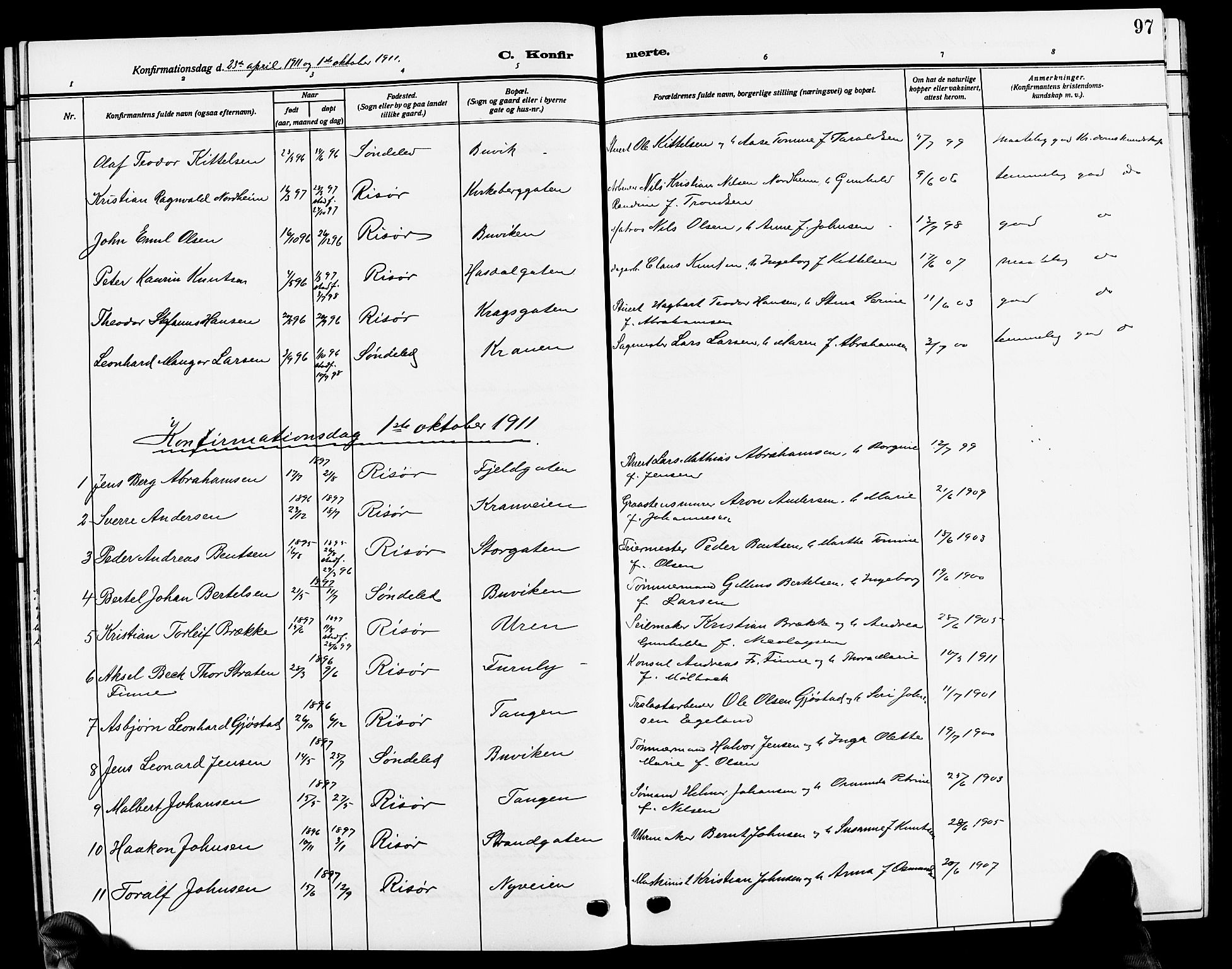 Risør sokneprestkontor, SAK/1111-0035/F/Fb/L0008: Parish register (copy) no. B 8, 1909-1921, p. 97