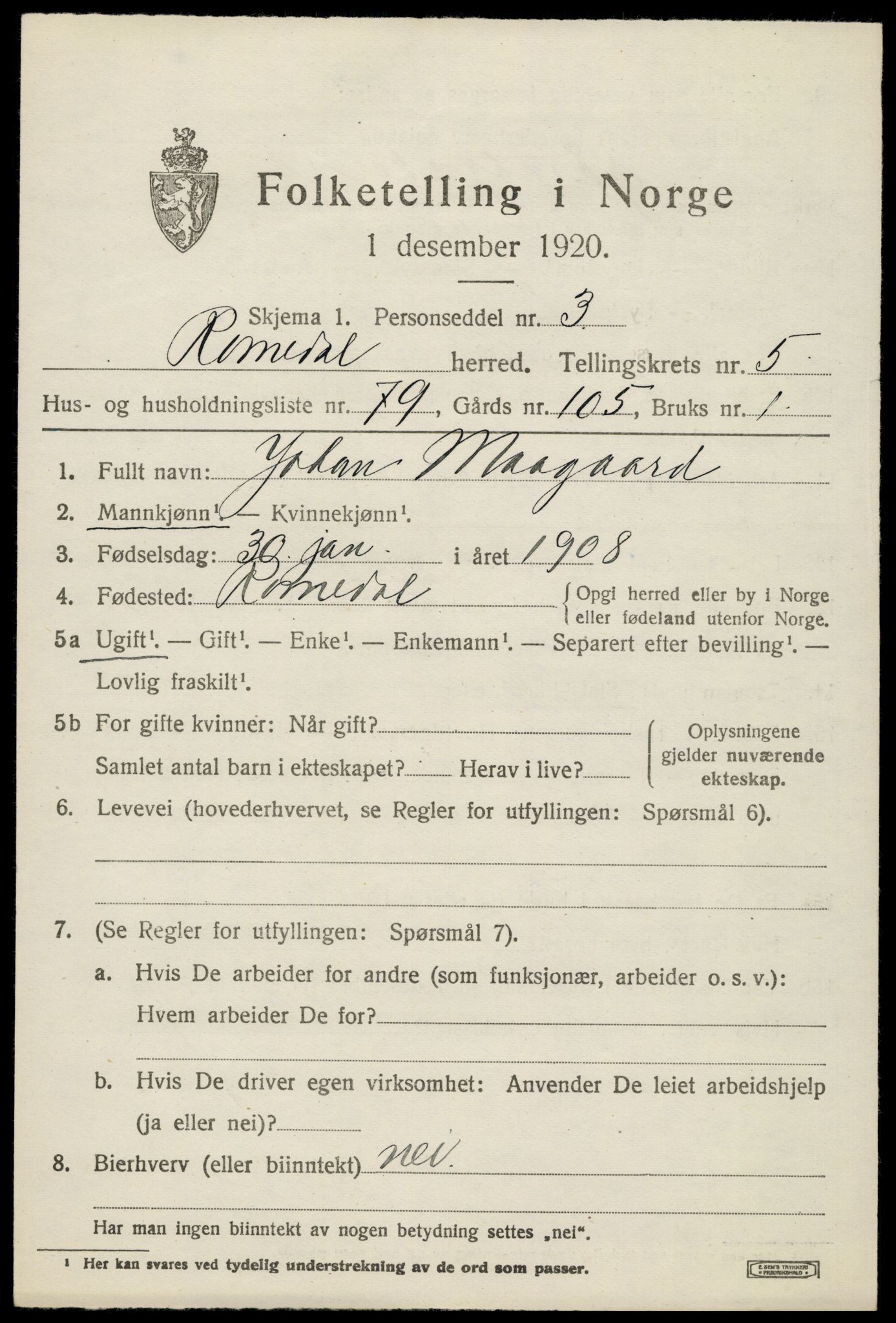 SAH, 1920 census for Romedal, 1920, p. 7749