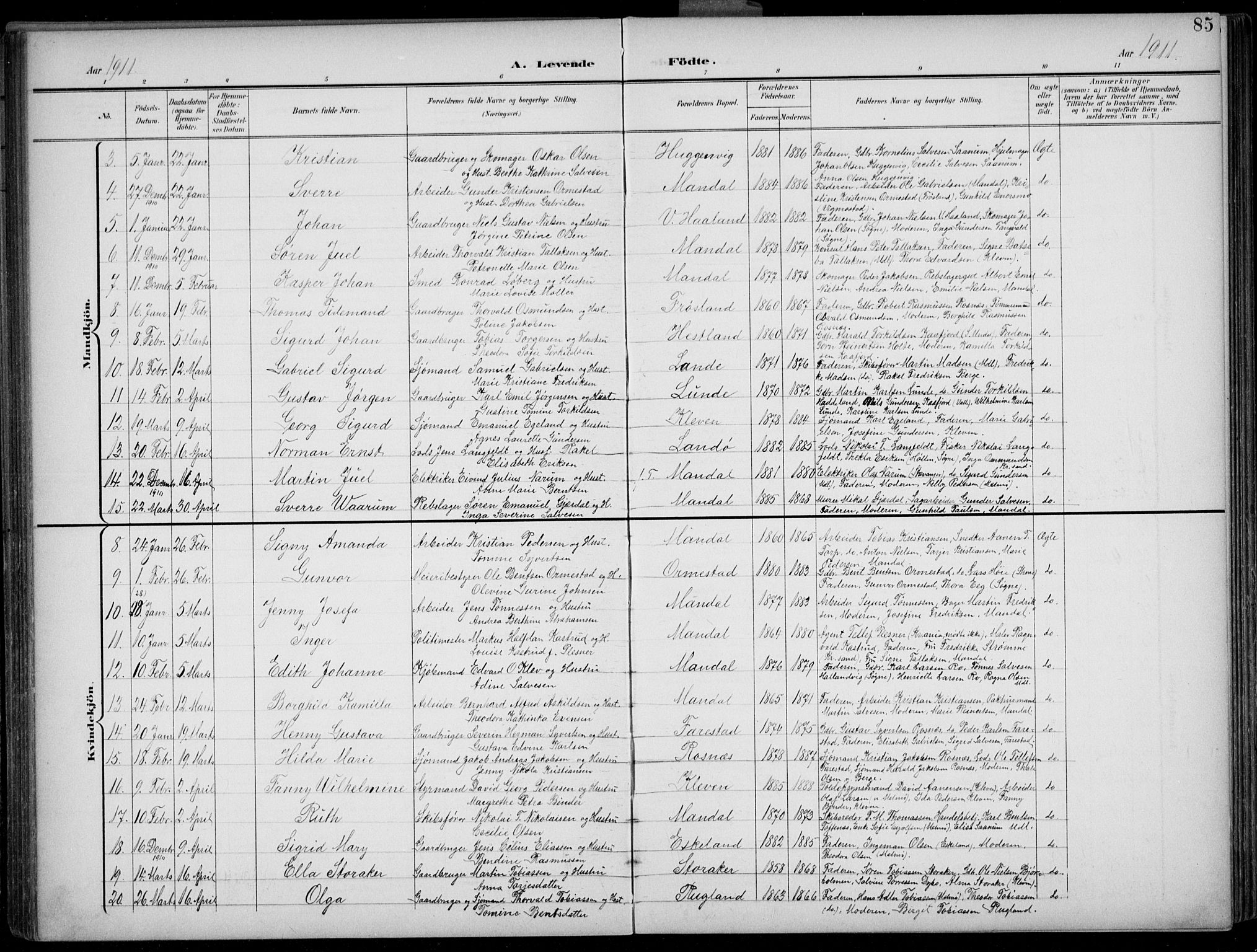 Mandal sokneprestkontor, AV/SAK-1111-0030/F/Fb/Fba/L0012: Parish register (copy) no. B 6, 1899-1918, p. 85