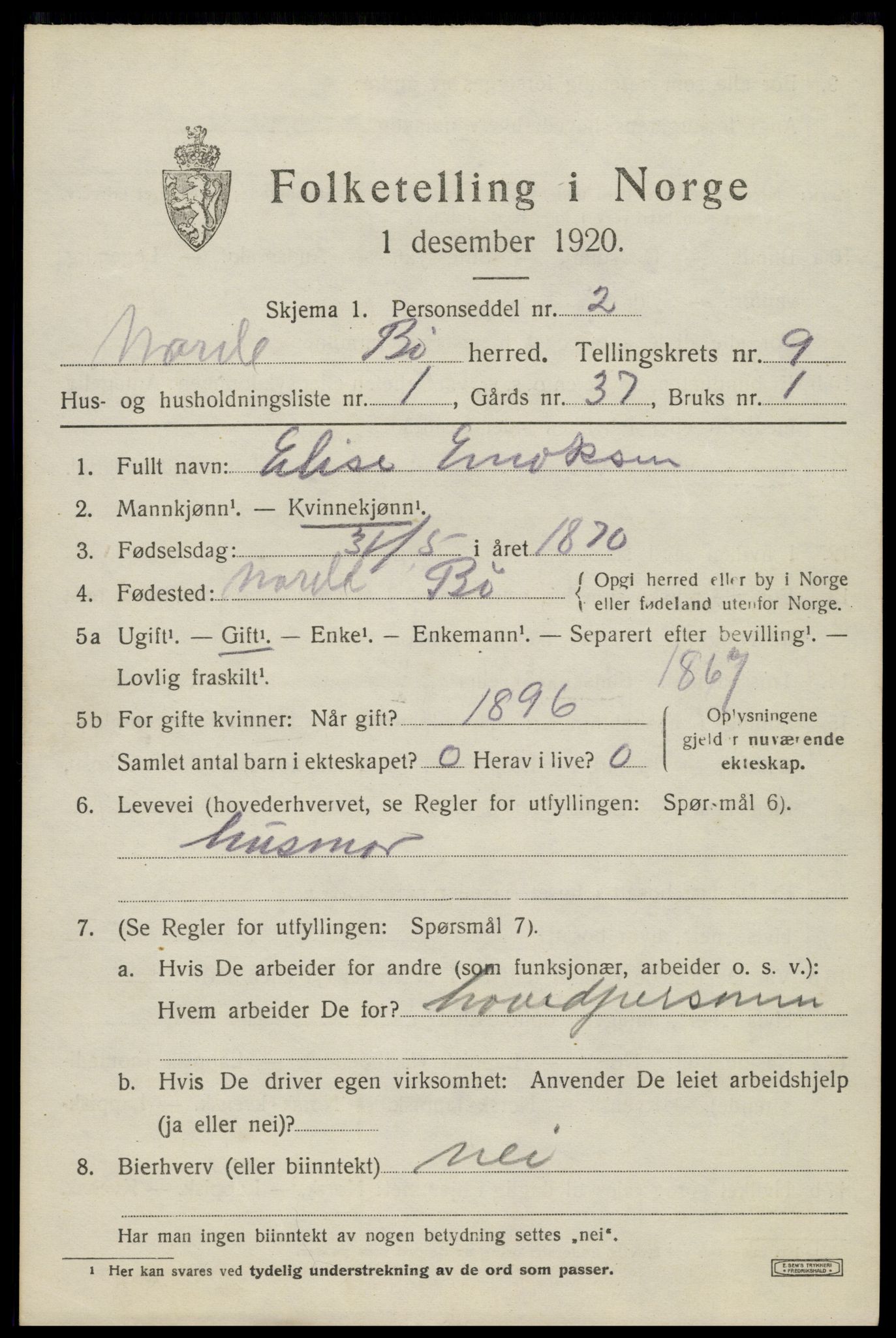 SAT, 1920 census for Bø, 1920, p. 7276