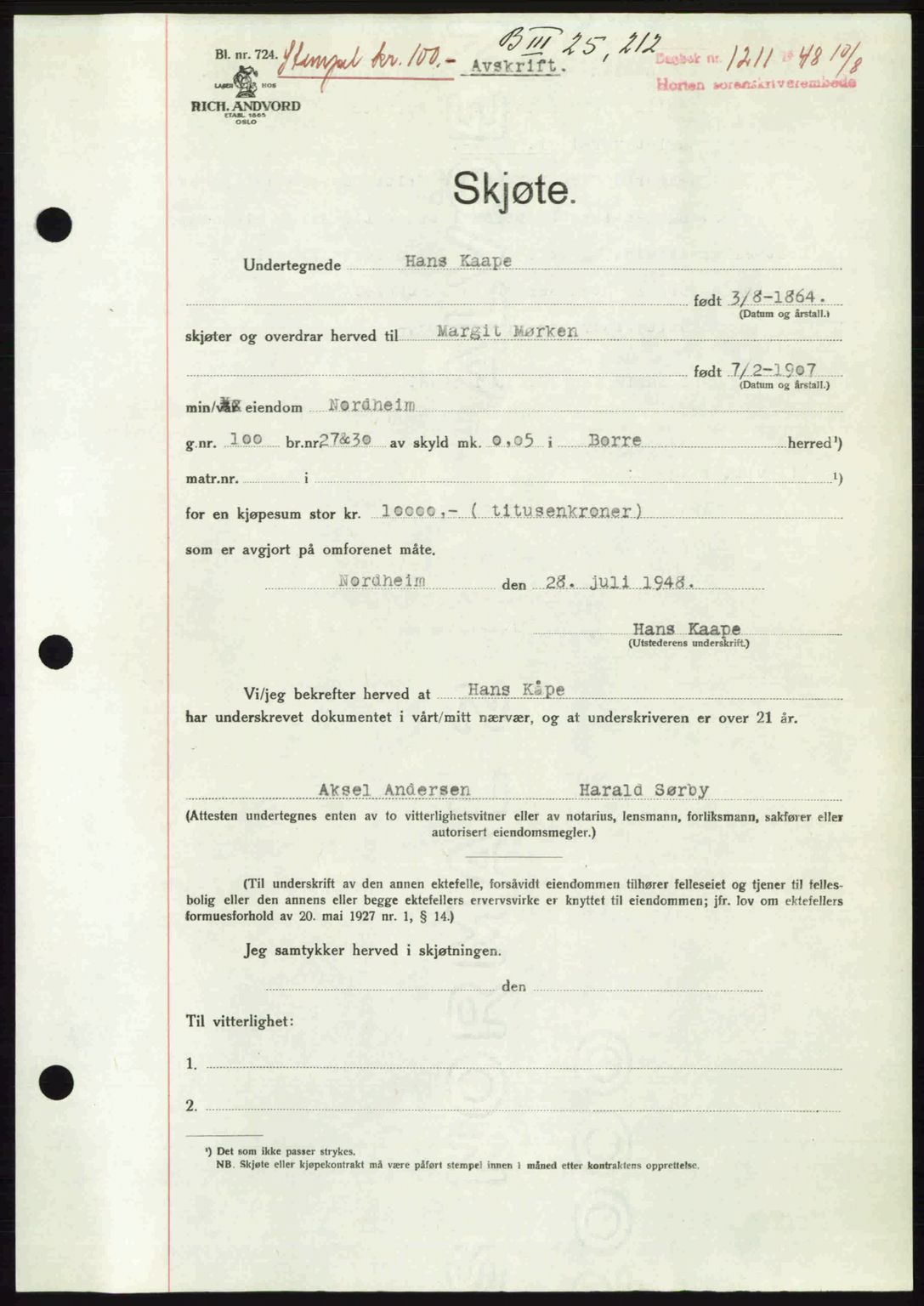 Horten sorenskriveri, AV/SAKO-A-133/G/Ga/Gaa/L0010: Mortgage book no. A-10, 1947-1948, Diary no: : 1211/1948