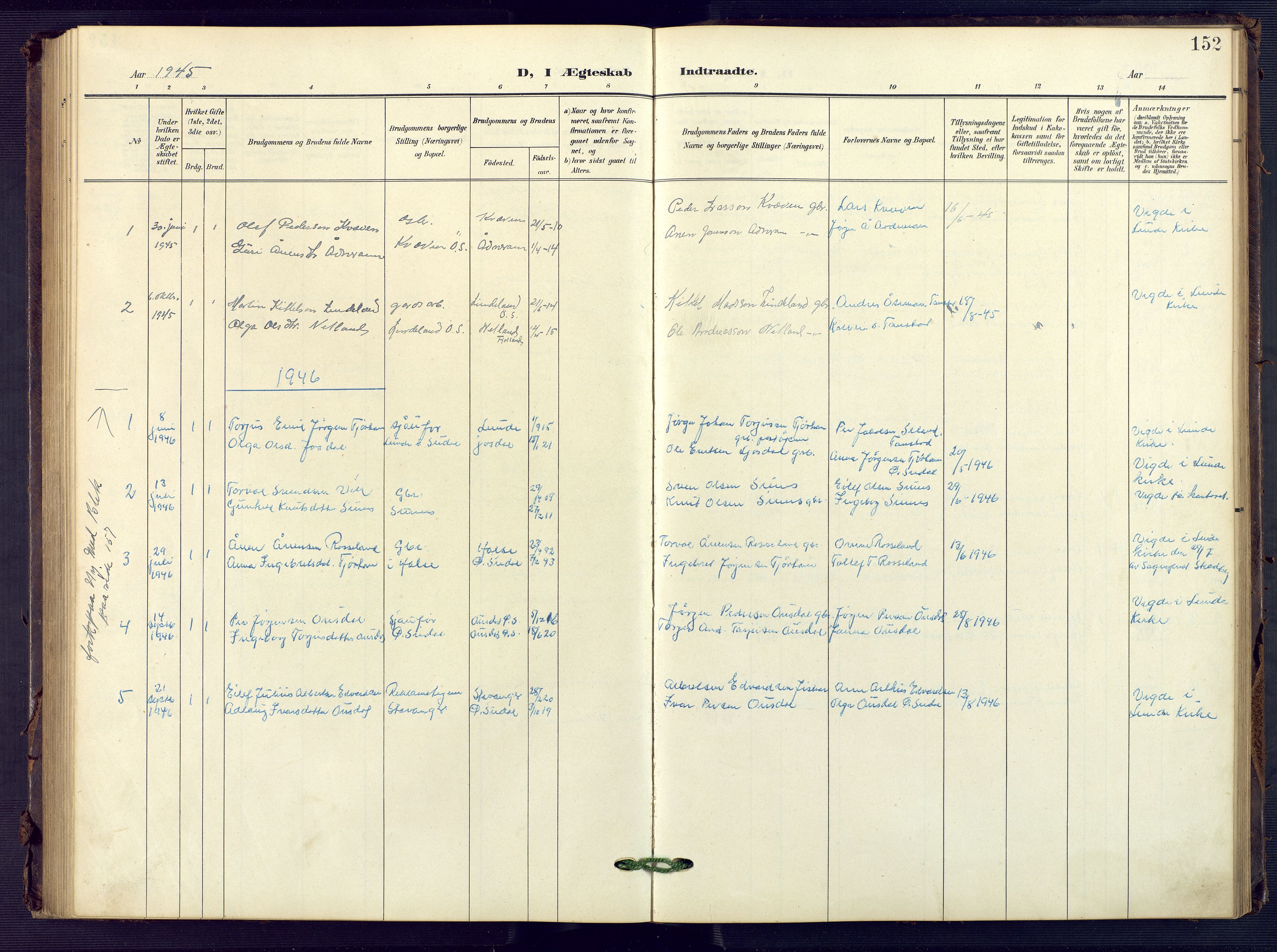 Sirdal sokneprestkontor, SAK/1111-0036/F/Fb/Fba/L0002: Parish register (copy) no. B 2, 1905-1958, p. 152