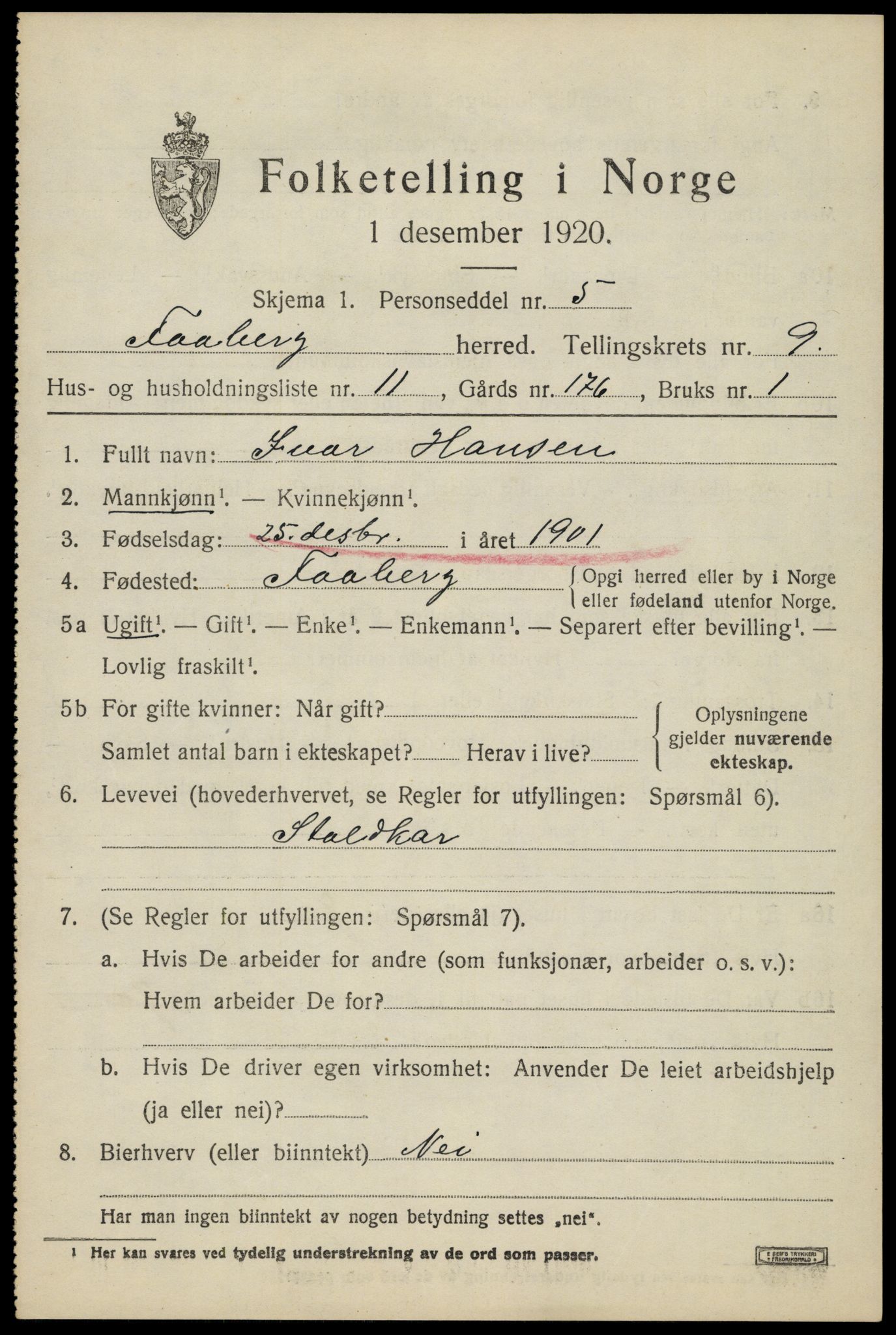 SAH, 1920 census for Fåberg, 1920, p. 10142