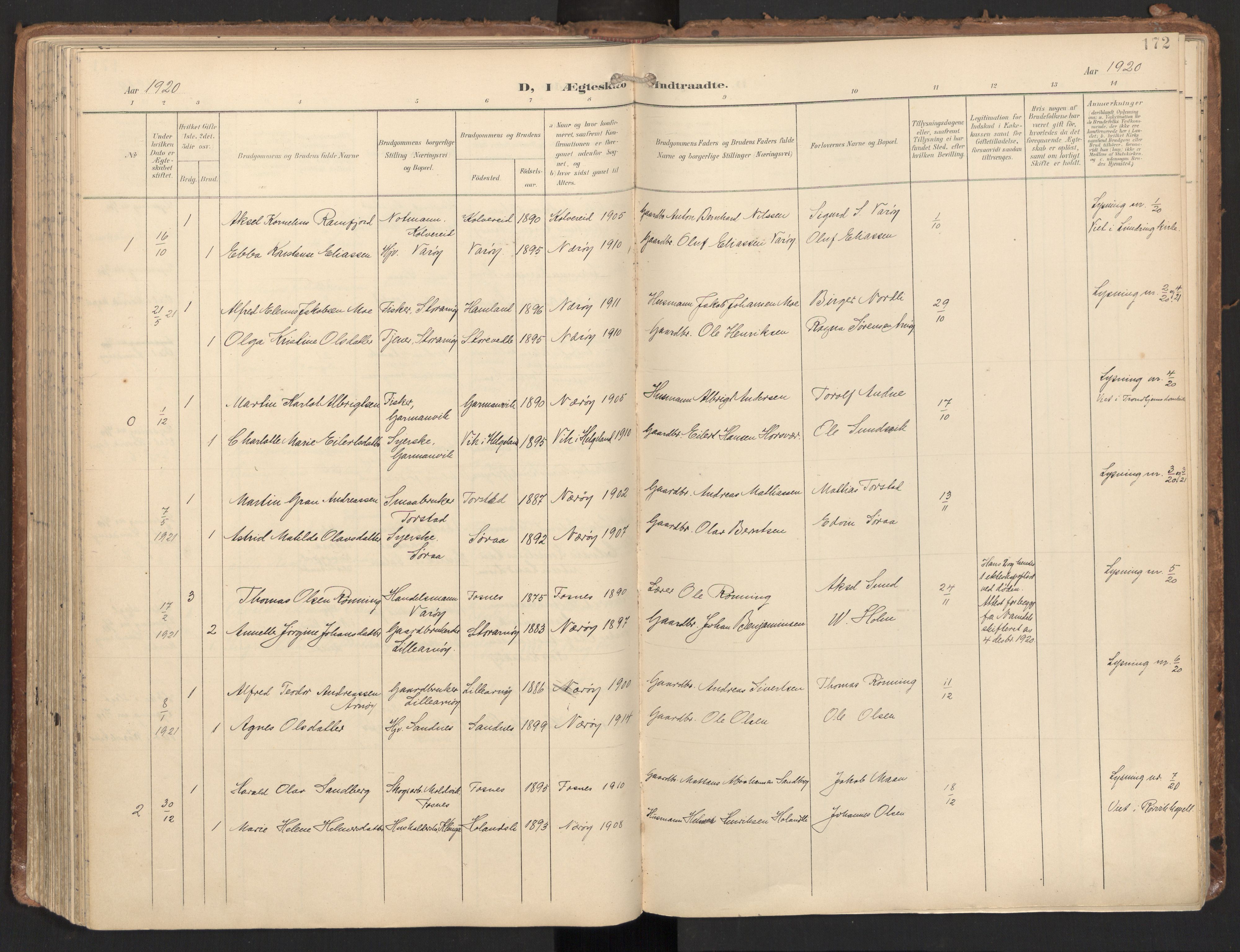 Ministerialprotokoller, klokkerbøker og fødselsregistre - Nord-Trøndelag, SAT/A-1458/784/L0677: Parish register (official) no. 784A12, 1900-1920, p. 172