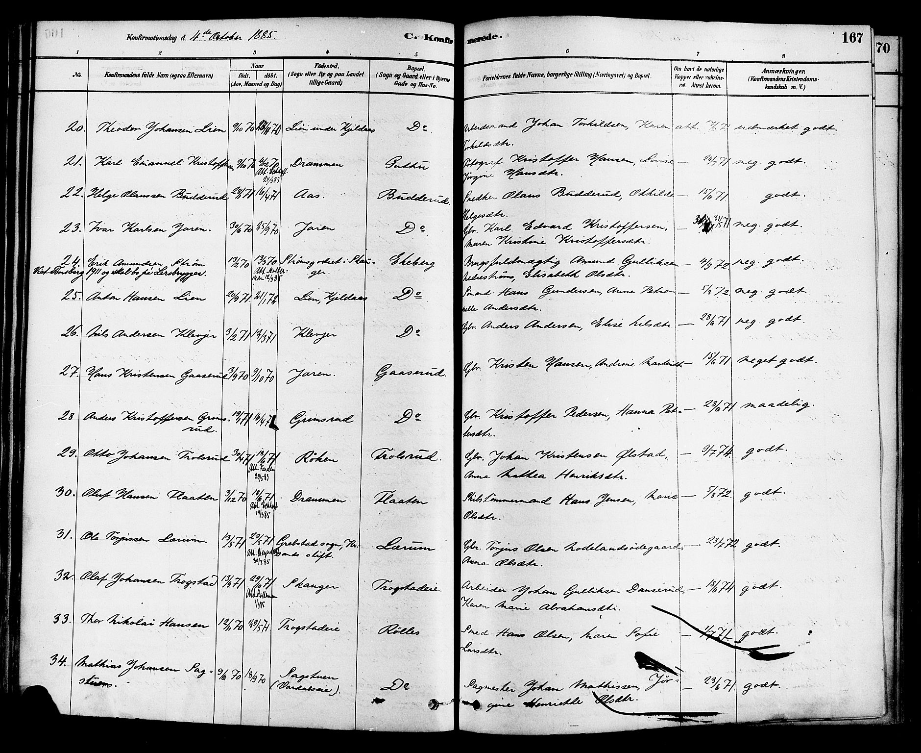 Sande Kirkebøker, AV/SAKO-A-53/F/Fa/L0006: Parish register (official) no. 6, 1878-1888, p. 167