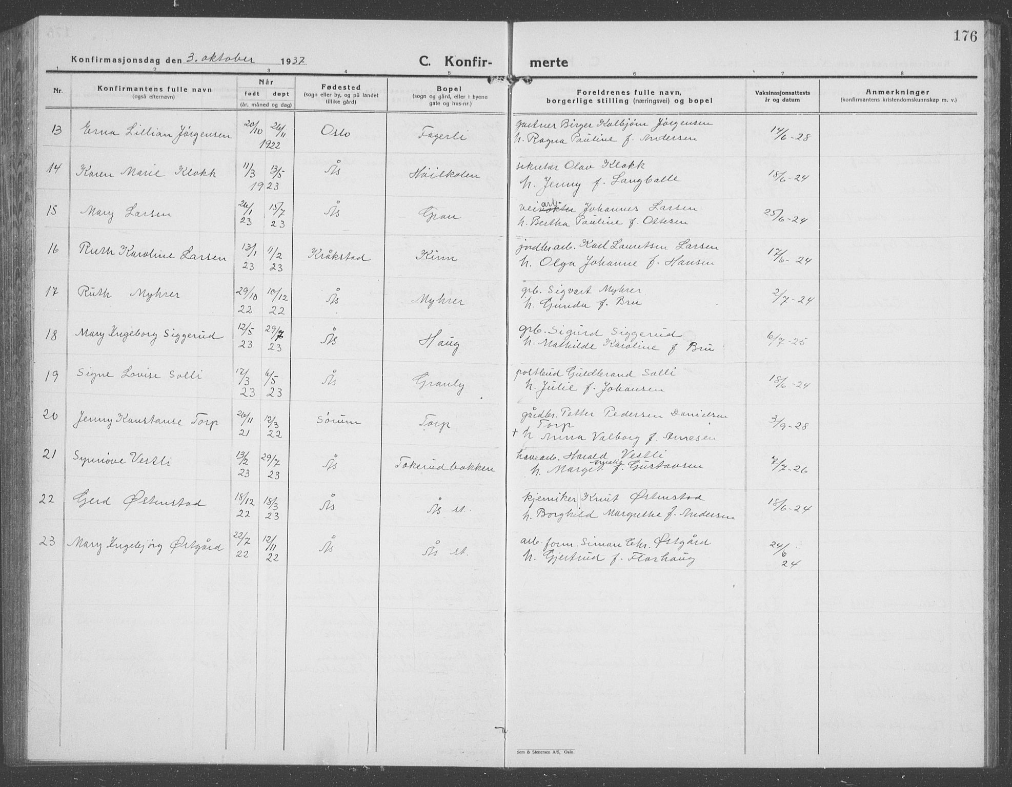 Ås prestekontor Kirkebøker, AV/SAO-A-10894/G/Ga/L0006: Parish register (copy) no. I 6, 1925-1940, p. 176