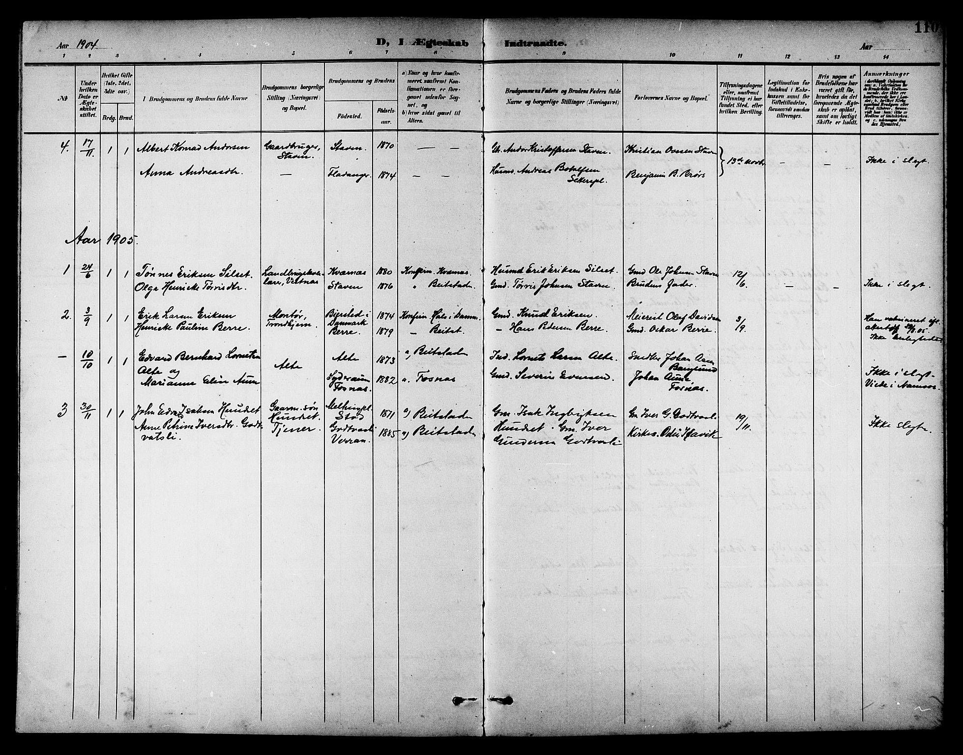 Ministerialprotokoller, klokkerbøker og fødselsregistre - Nord-Trøndelag, AV/SAT-A-1458/742/L0412: Parish register (copy) no. 742C03, 1898-1910, p. 110