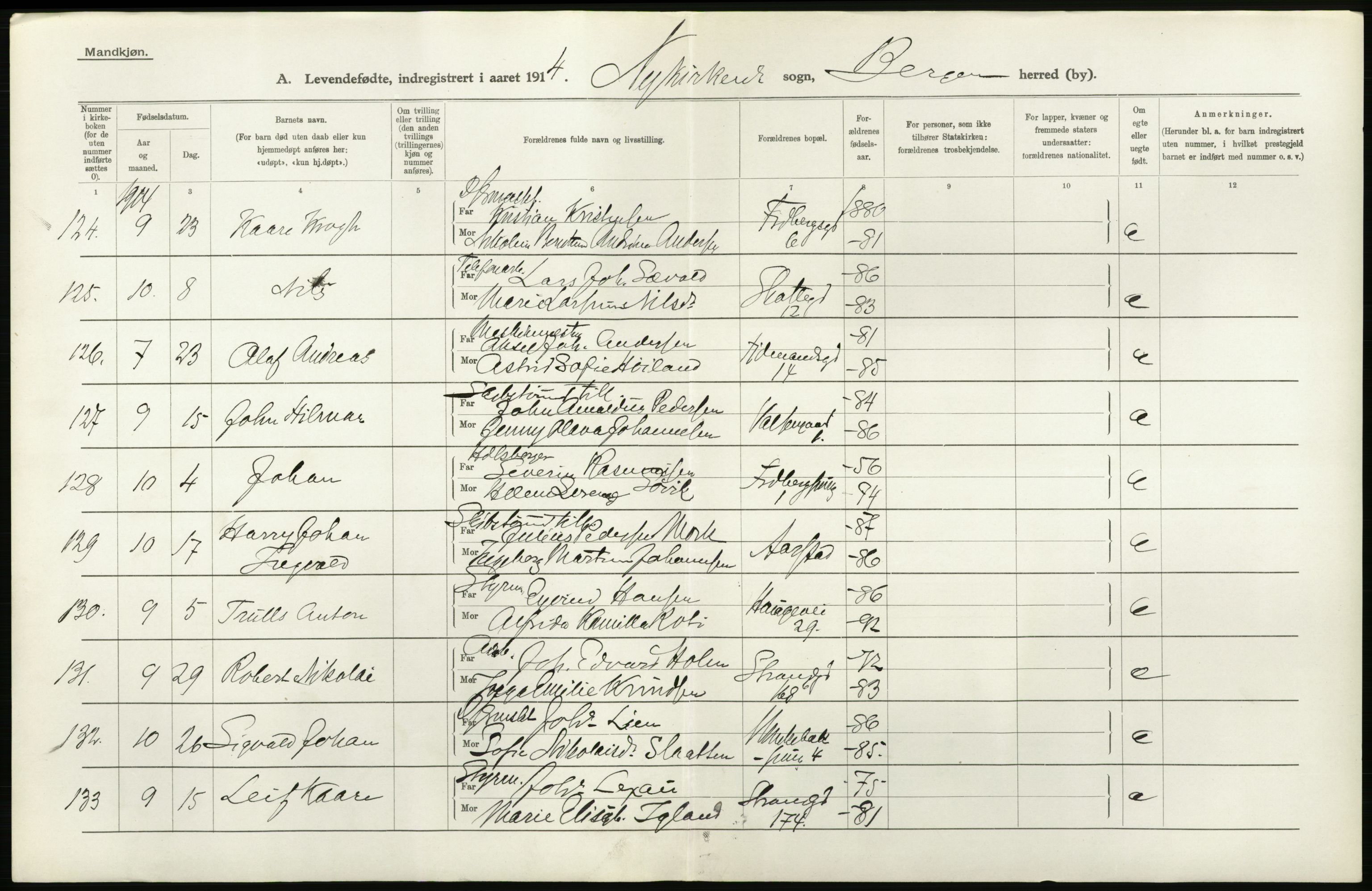 Statistisk sentralbyrå, Sosiodemografiske emner, Befolkning, AV/RA-S-2228/D/Df/Dfb/Dfbd/L0030: Bergen: Levendefødte menn og kvinner., 1914, p. 30