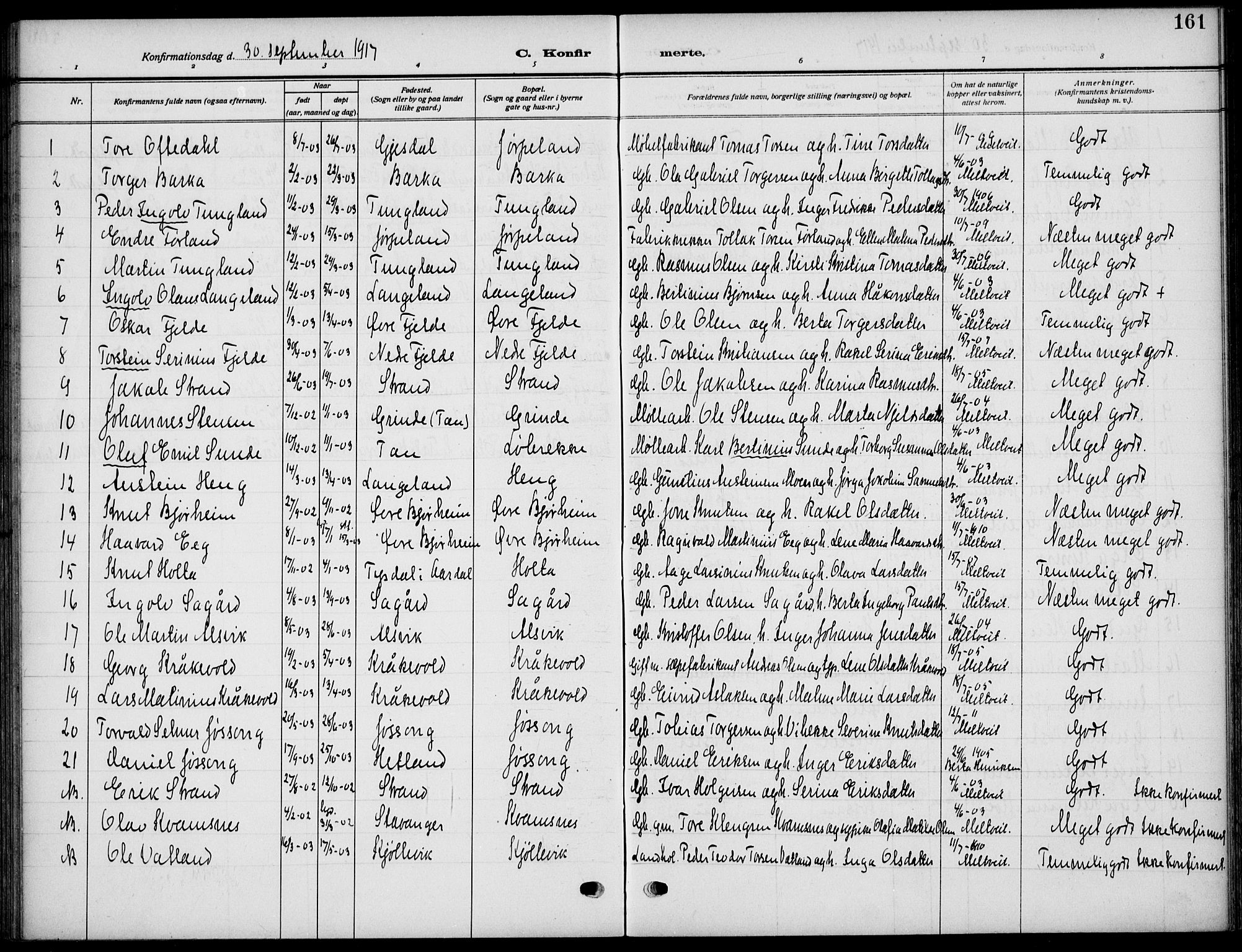 Strand sokneprestkontor, SAST/A-101828/H/Ha/Haa/L0011: Parish register (official) no. A 11, 1908-1930, p. 161