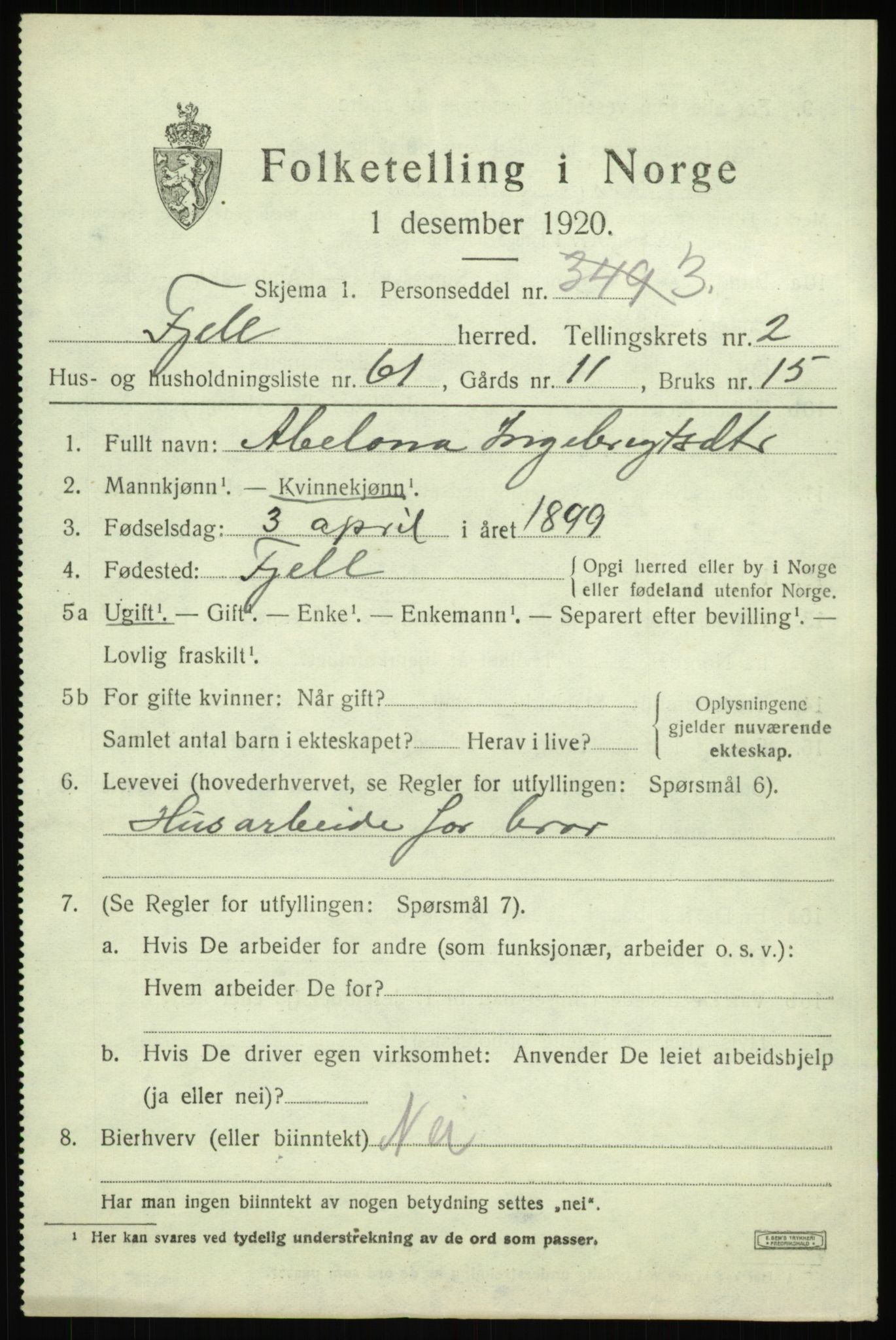 SAB, 1920 census for Fjell, 1920, p. 2944