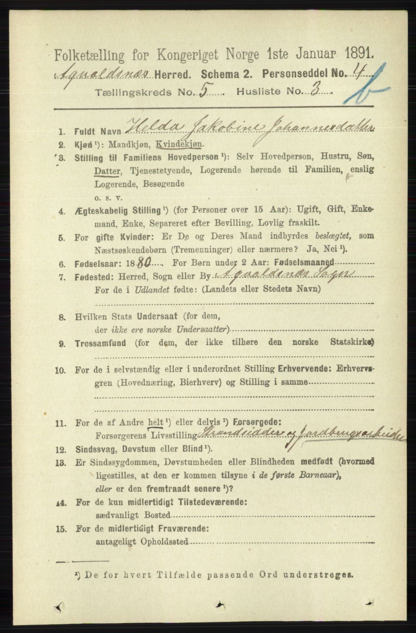 RA, 1891 census for 1147 Avaldsnes, 1891, p. 3033