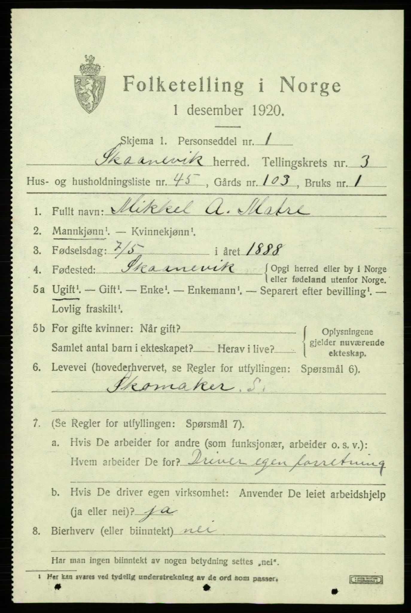 SAB, 1920 census for Skånevik, 1920, p. 3289