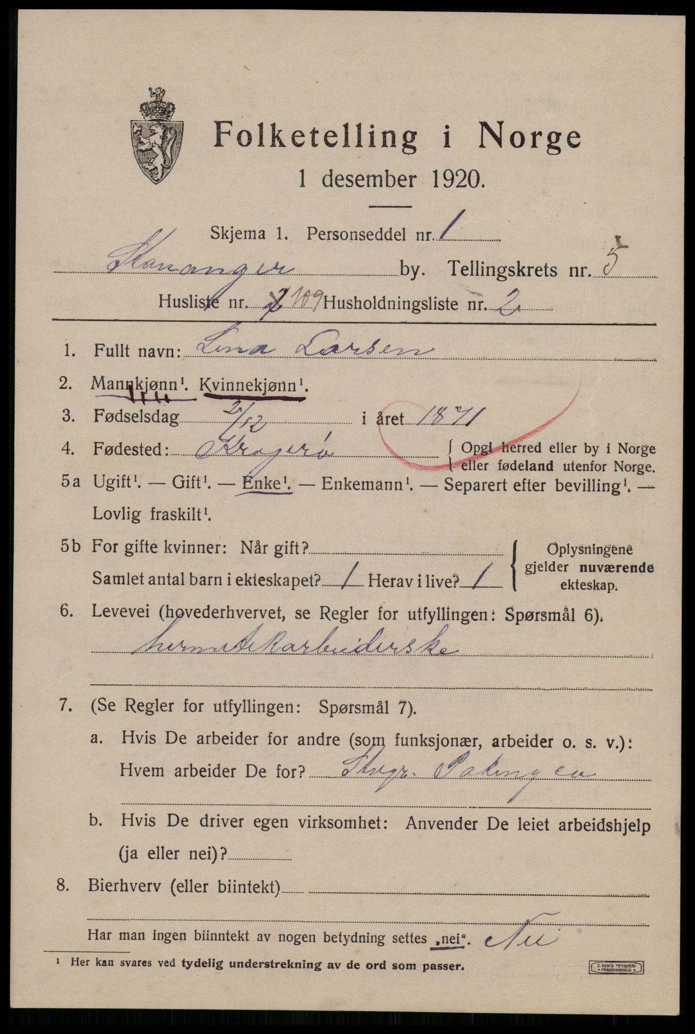 SAST, 1920 census for Stavanger, 1920, p. 42104