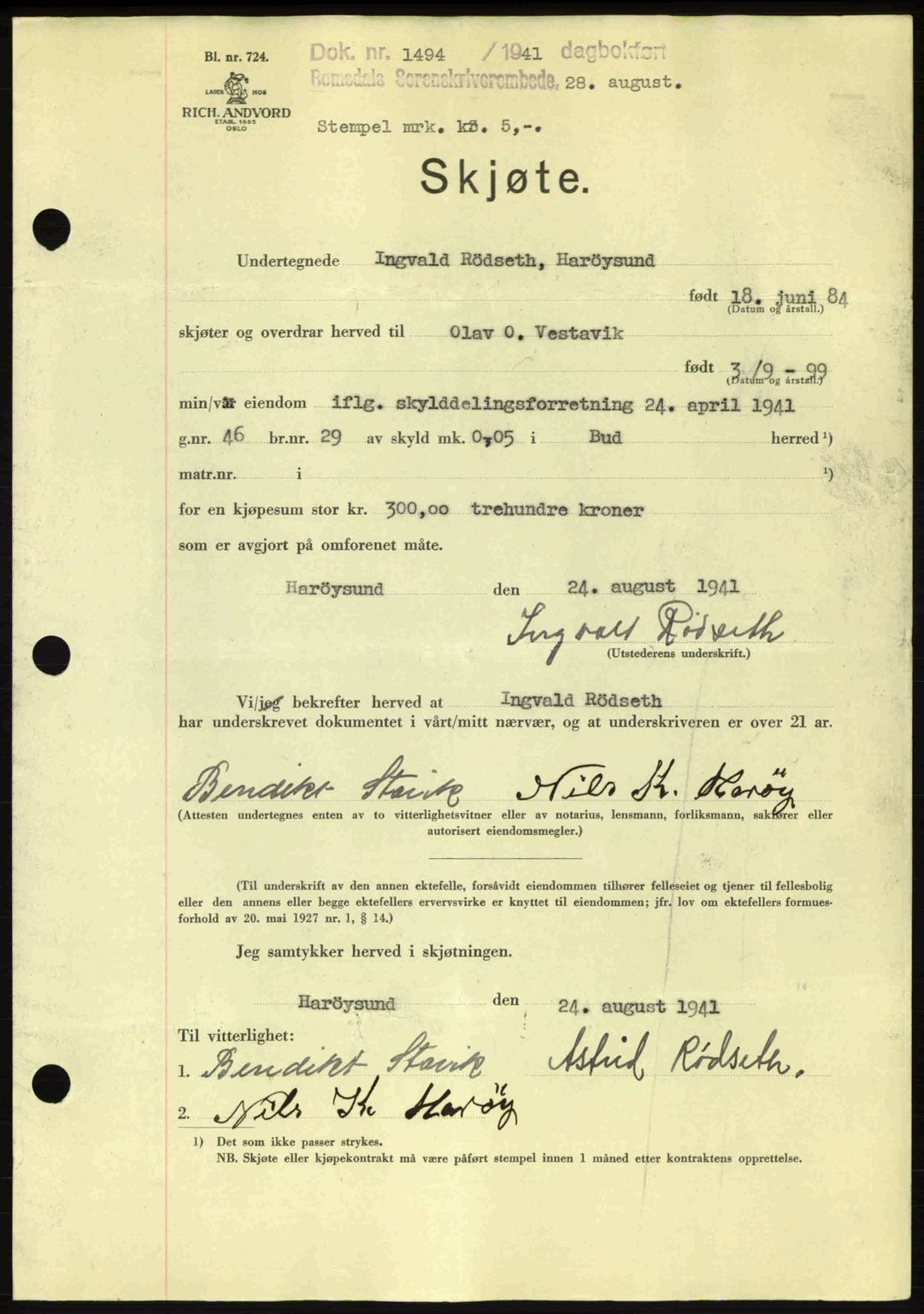 Romsdal sorenskriveri, AV/SAT-A-4149/1/2/2C: Mortgage book no. A10, 1941-1941, Diary no: : 1494/1941