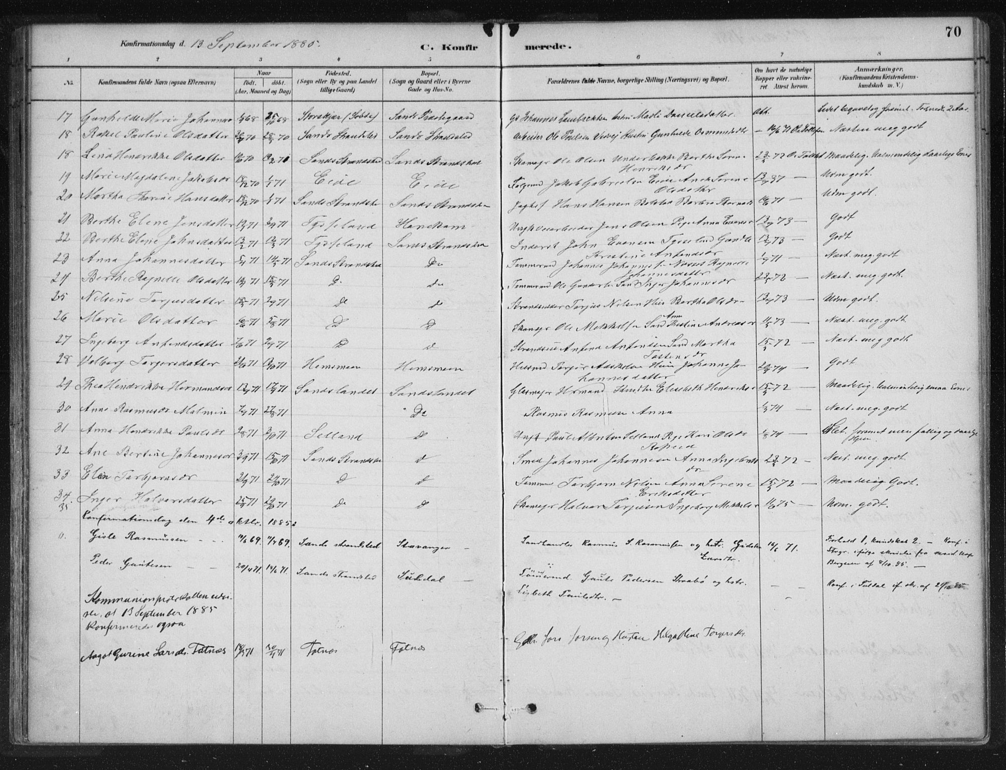 Sand sokneprestkontor, AV/SAST-A-101848/01/III/L0005: Parish register (official) no. A 5, 1880-1898, p. 70