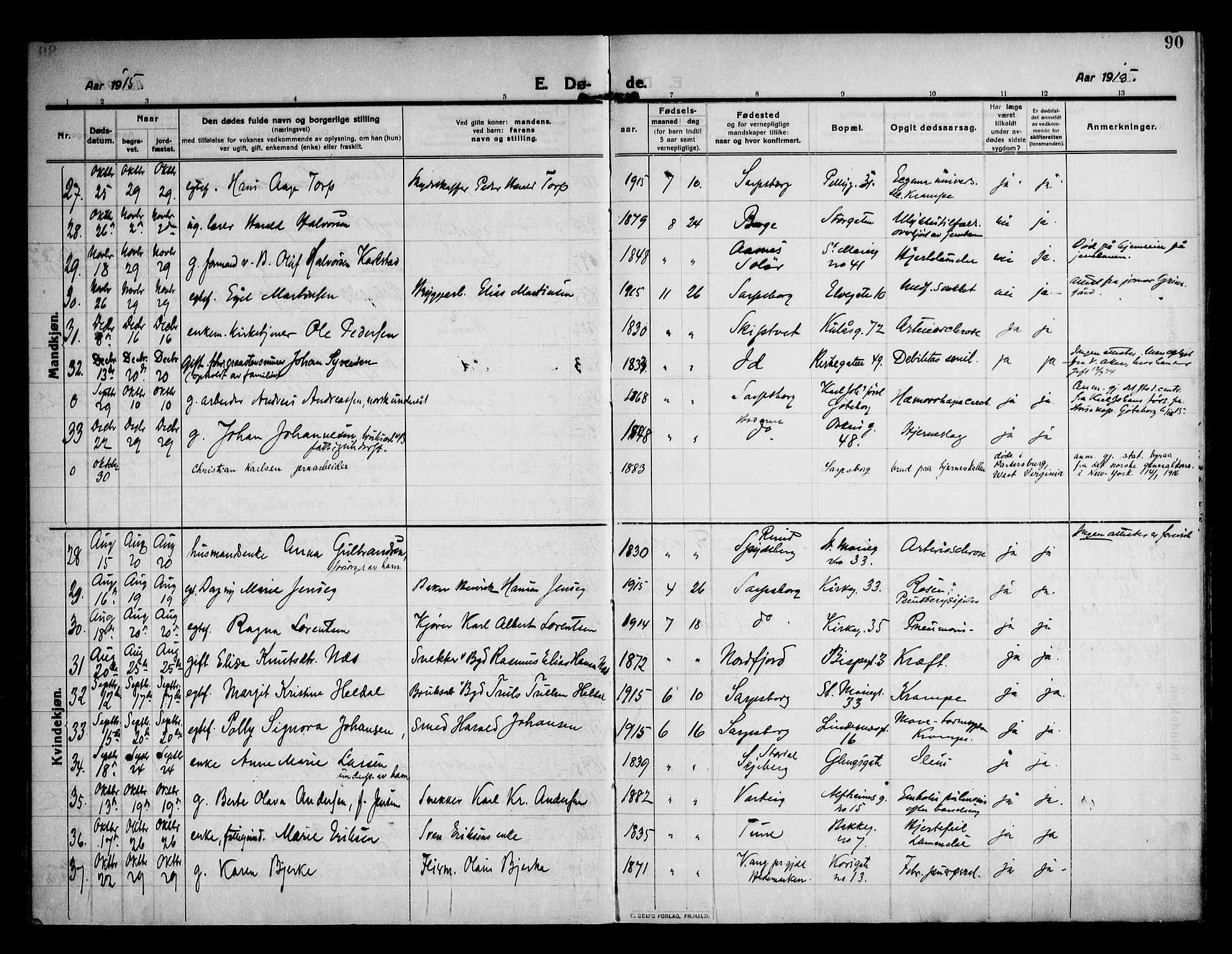 Sarpsborg prestekontor Kirkebøker, AV/SAO-A-2006/F/Fa/L0007: Parish register (official) no. 7, 1910-1918, p. 90