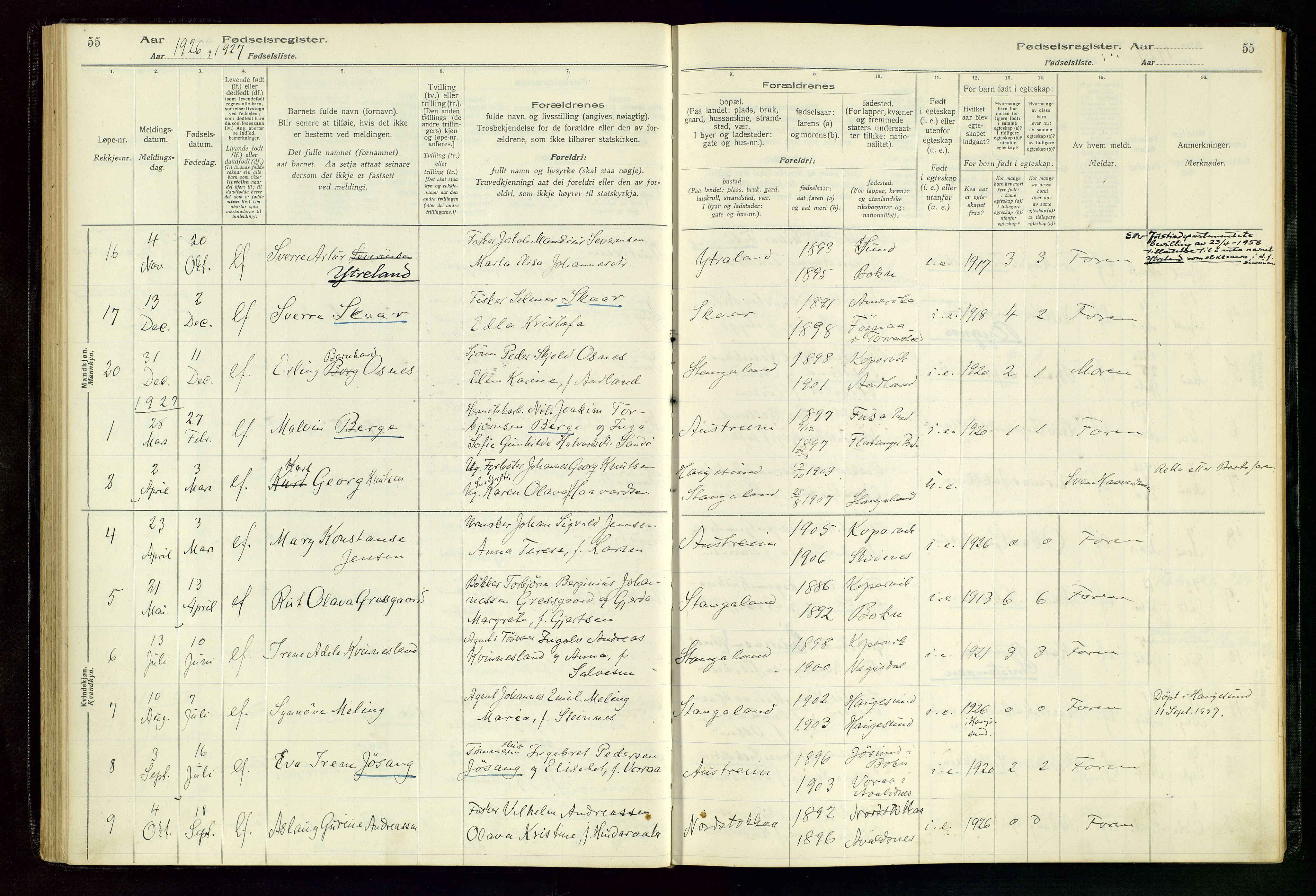 Kopervik sokneprestkontor, SAST/A-101850/I/Id/L0004: Birth register no. 4, 1916-1958, p. 55