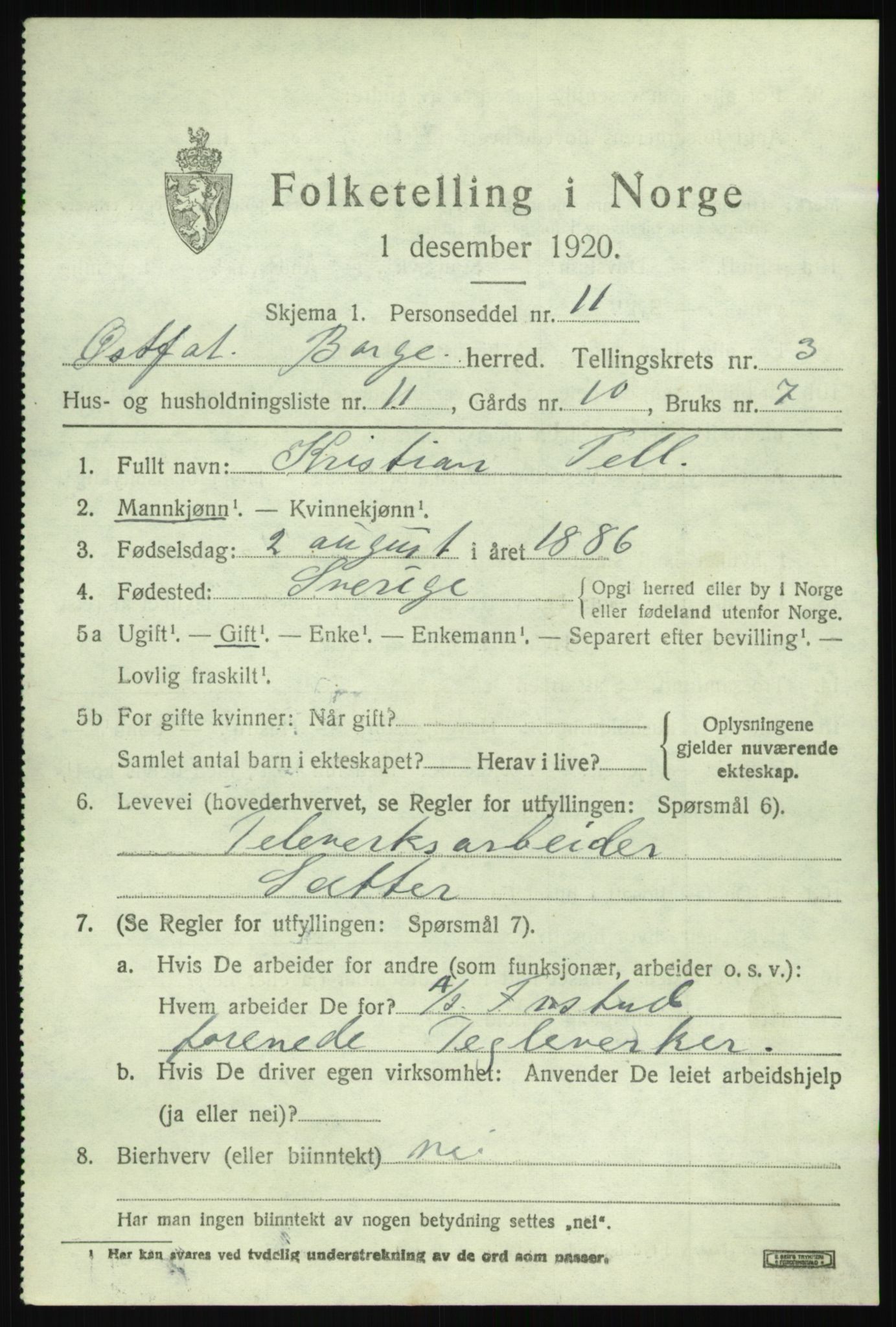 SAO, 1920 census for Borge, 1920, p. 3445